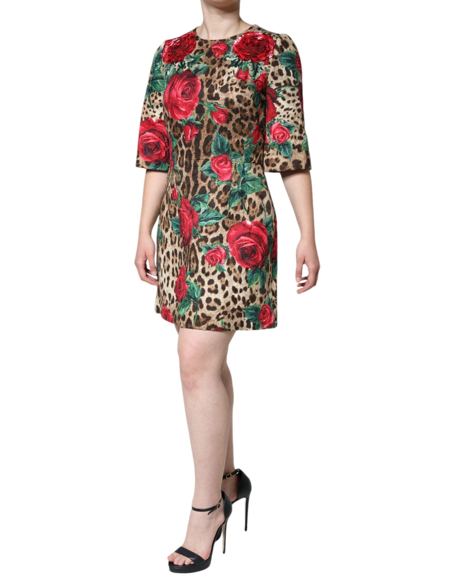 Dolce & Gabbana Brown Leopard Red Roses Cotton A-line Dress - Arichezz.store