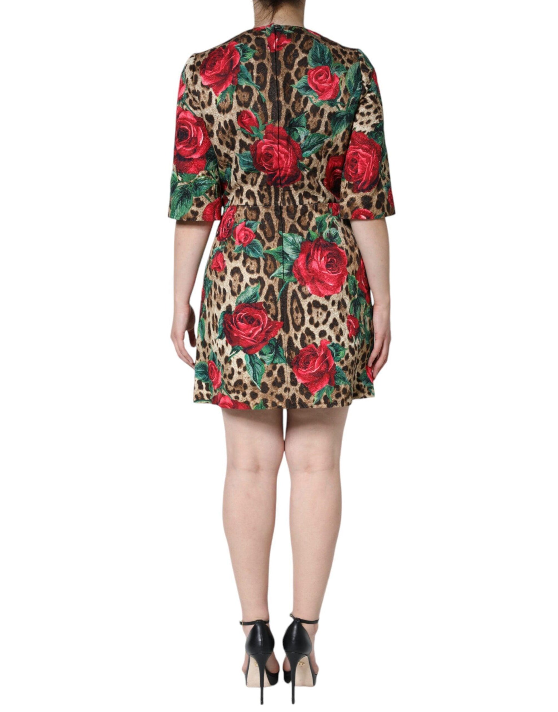 Dolce & Gabbana Brown Leopard Red Roses Cotton A-line Dress - Arichezz.store