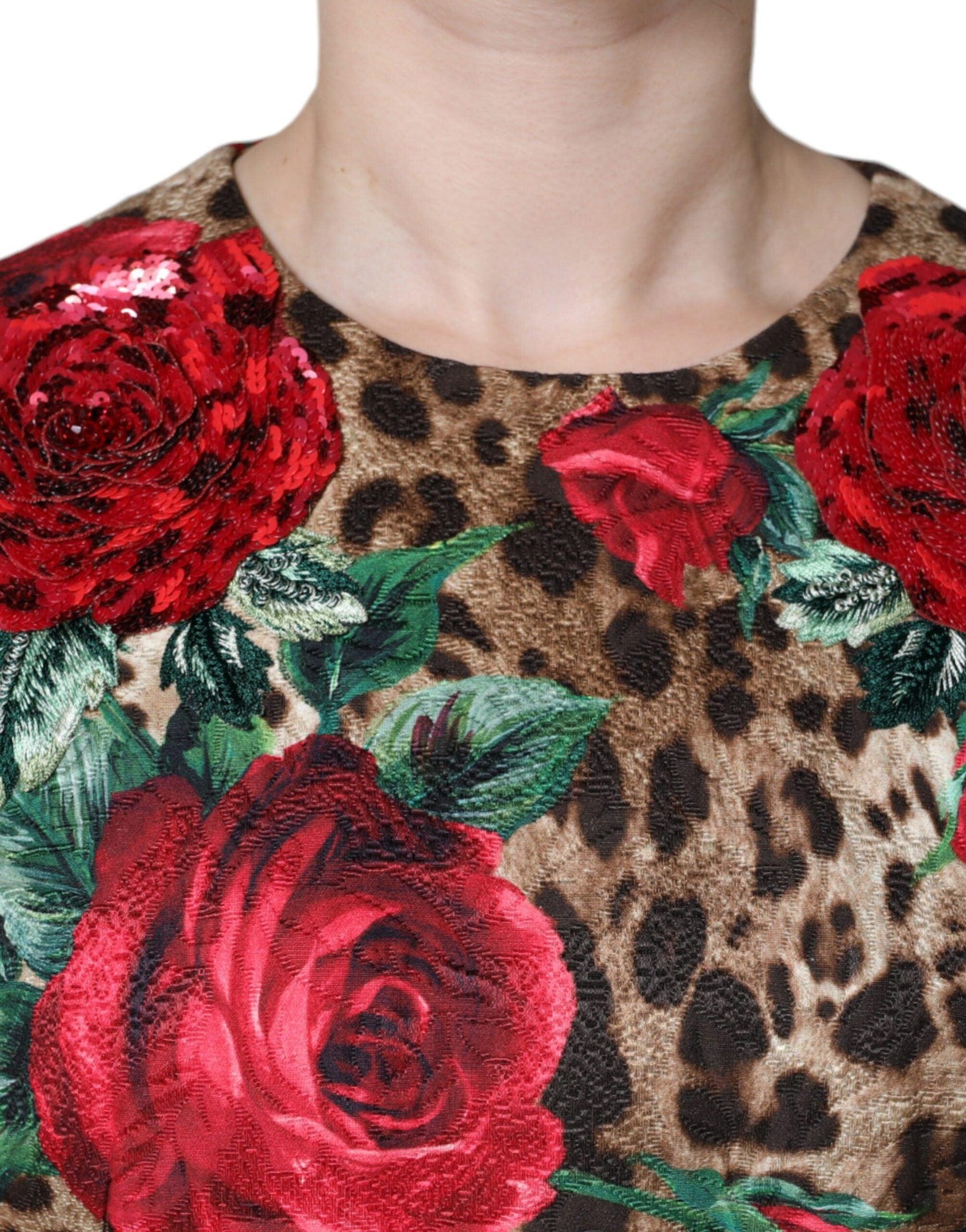 Dolce & Gabbana Brown Leopard Red Roses Cotton A-line Dress - Arichezz.store