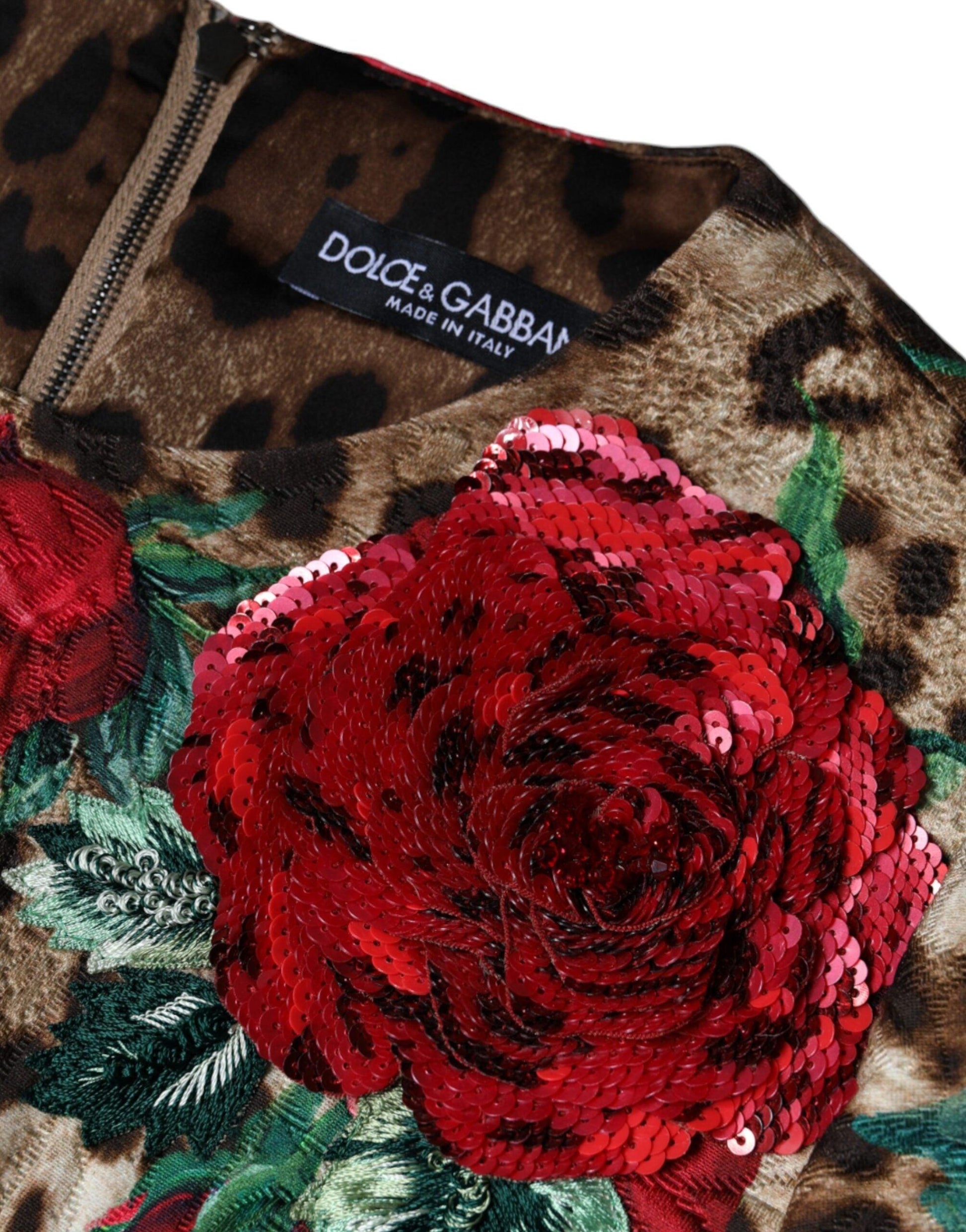 Dolce & Gabbana Brown Leopard Red Roses Cotton A-line Dress - Arichezz.store