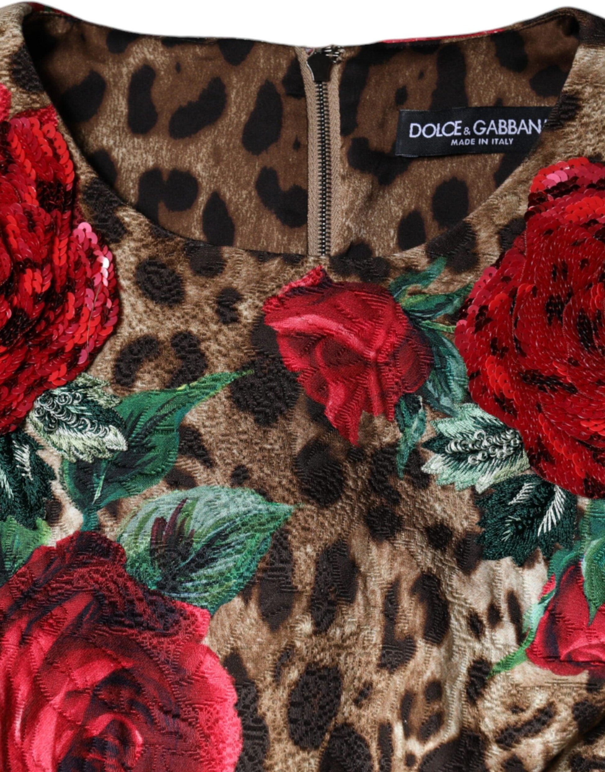 Dolce & Gabbana Brown Leopard Red Roses Cotton A-line Dress - Arichezz.store