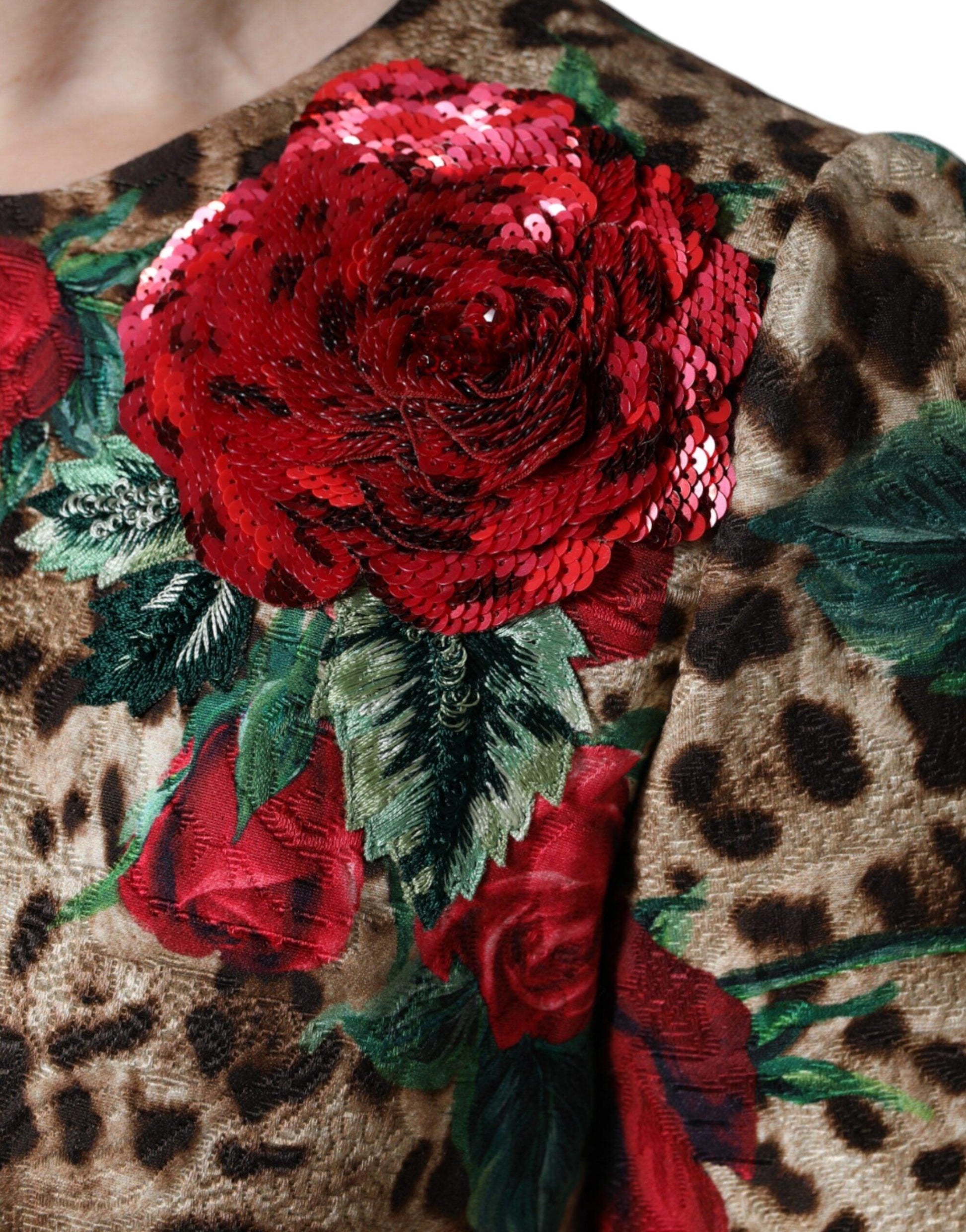 Dolce & Gabbana Brown Leopard Red Roses Cotton A-line Dress - Arichezz.store