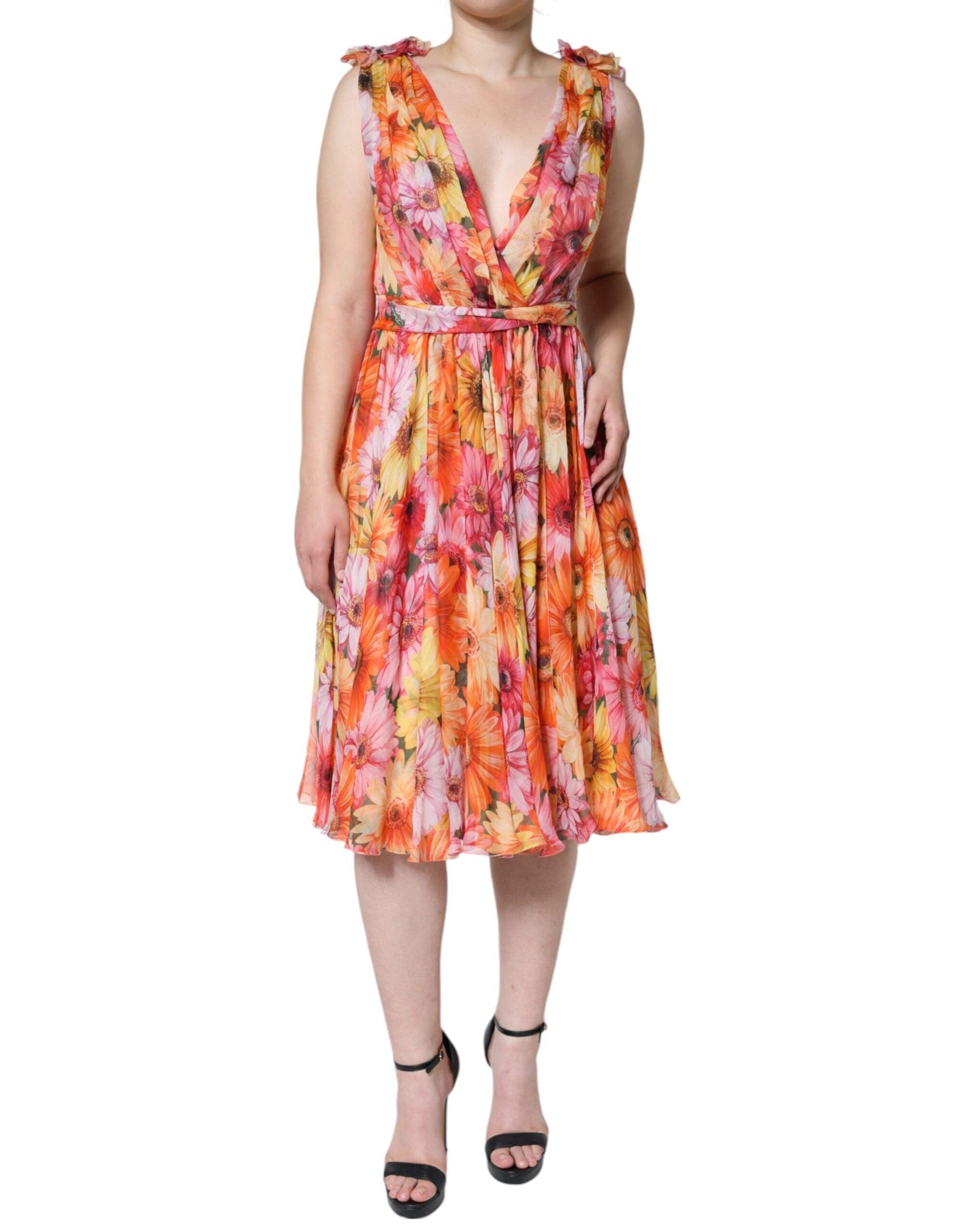 Dolce & Gabbana Multicolor Floral Sleeveless V-neck Midi Dress - Arichezz.store