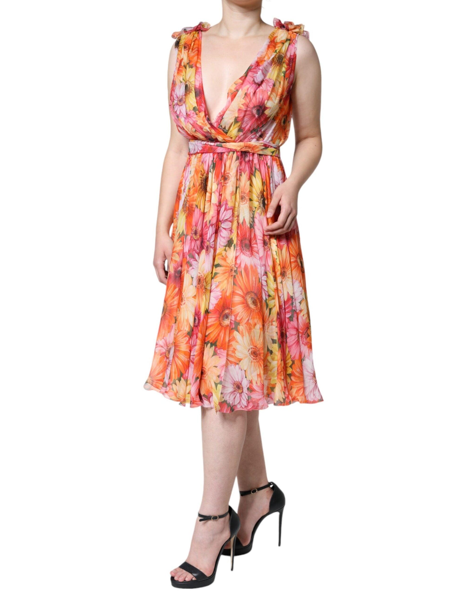 Dolce & Gabbana Multicolor Floral Sleeveless V-neck Midi Dress - Arichezz.store