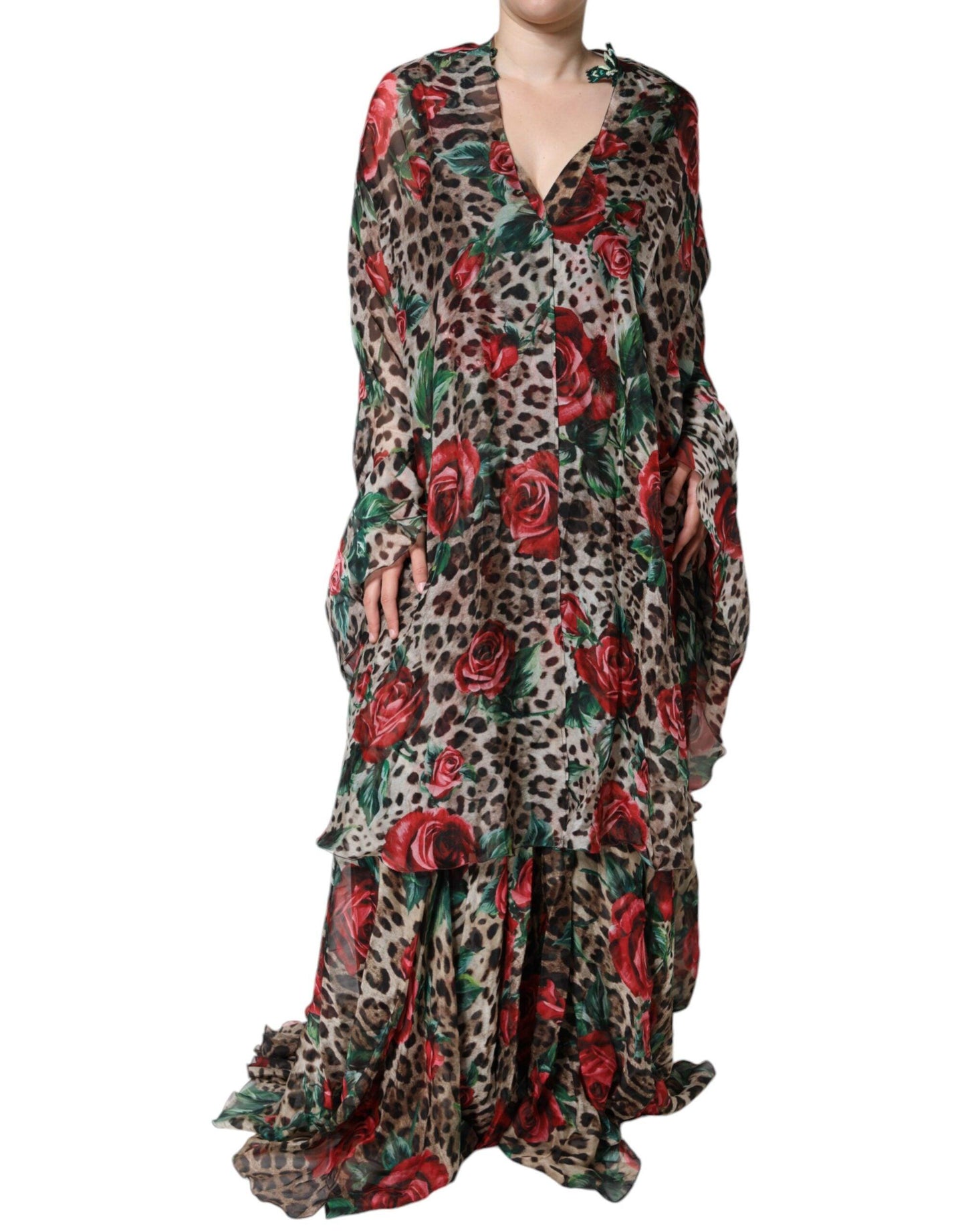 Dolce & Gabbana Brown Leopard Red Roses Silk Long Gown Dress - Arichezz.store