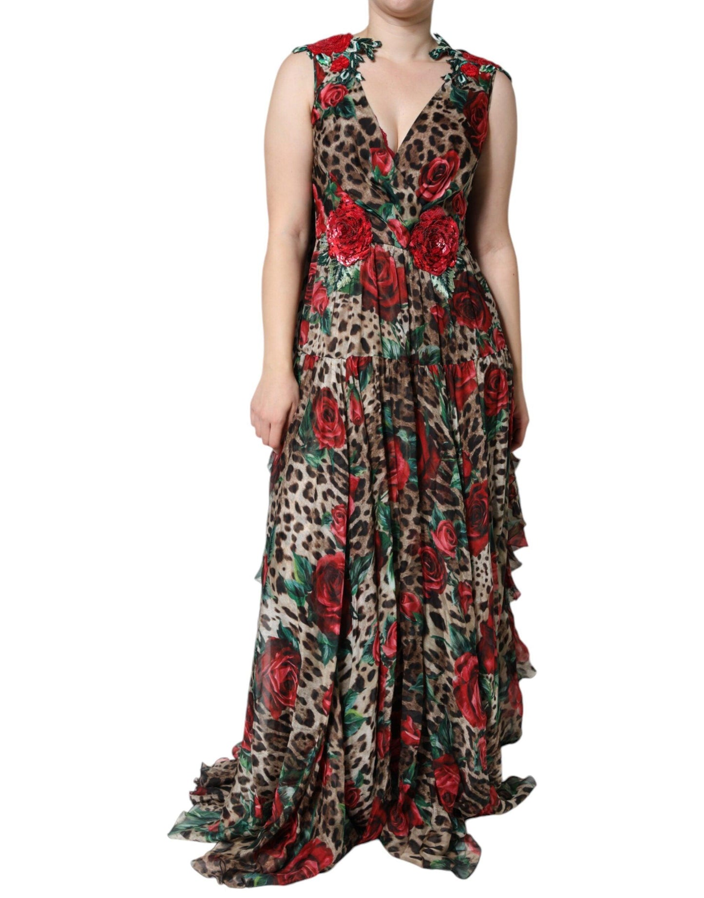 Dolce & Gabbana Brown Leopard Red Roses Silk Long Gown Dress - Arichezz.store