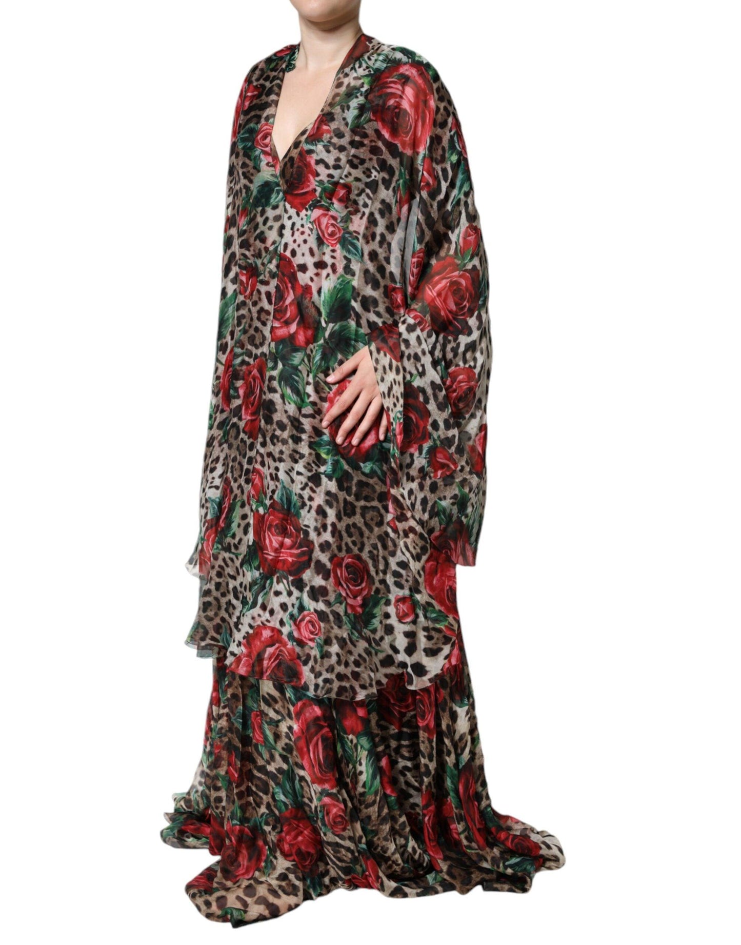 Dolce & Gabbana Brown Leopard Red Roses Silk Long Gown Dress - Arichezz.store