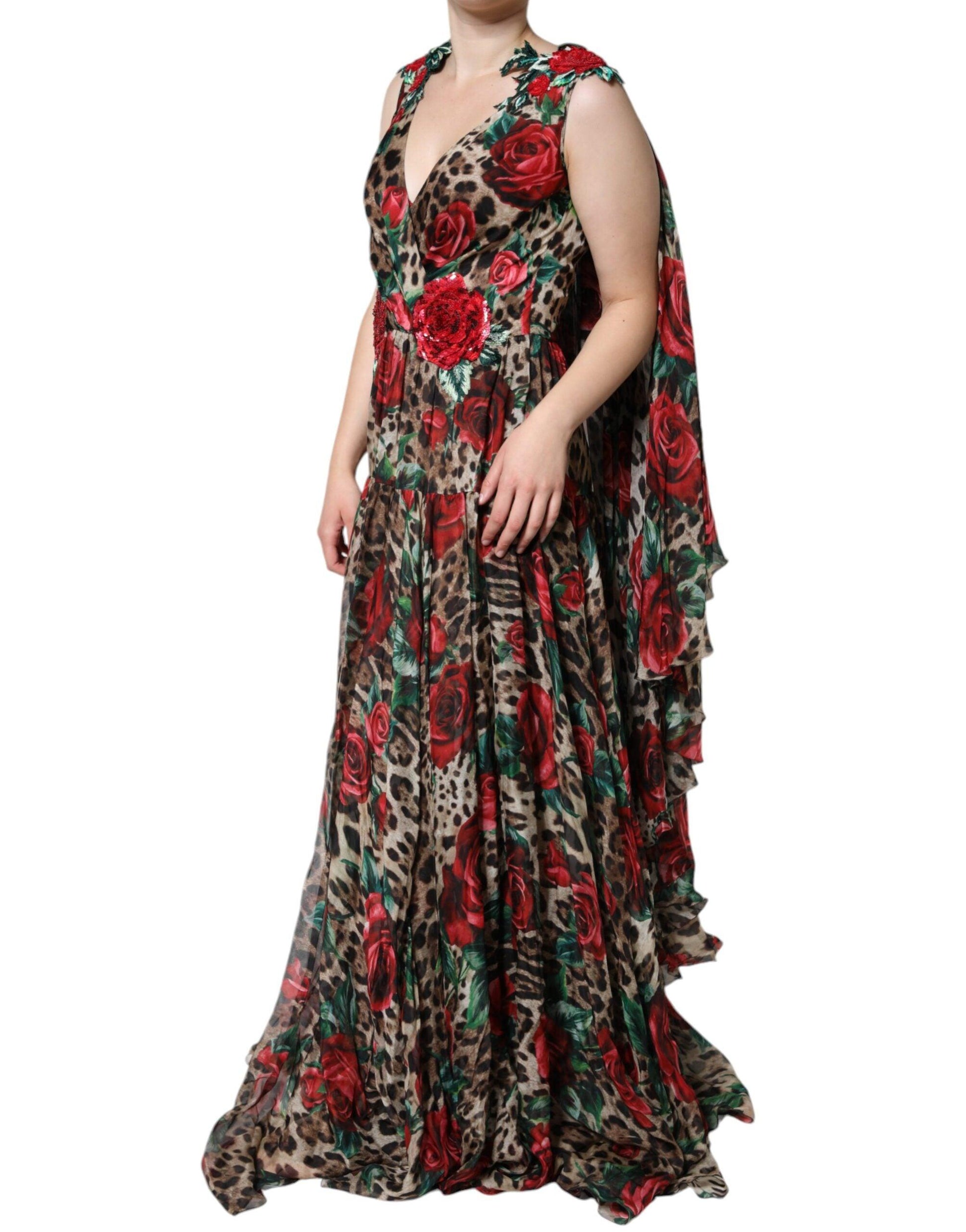 Dolce & Gabbana Brown Leopard Red Roses Silk Long Gown Dress - Arichezz.store