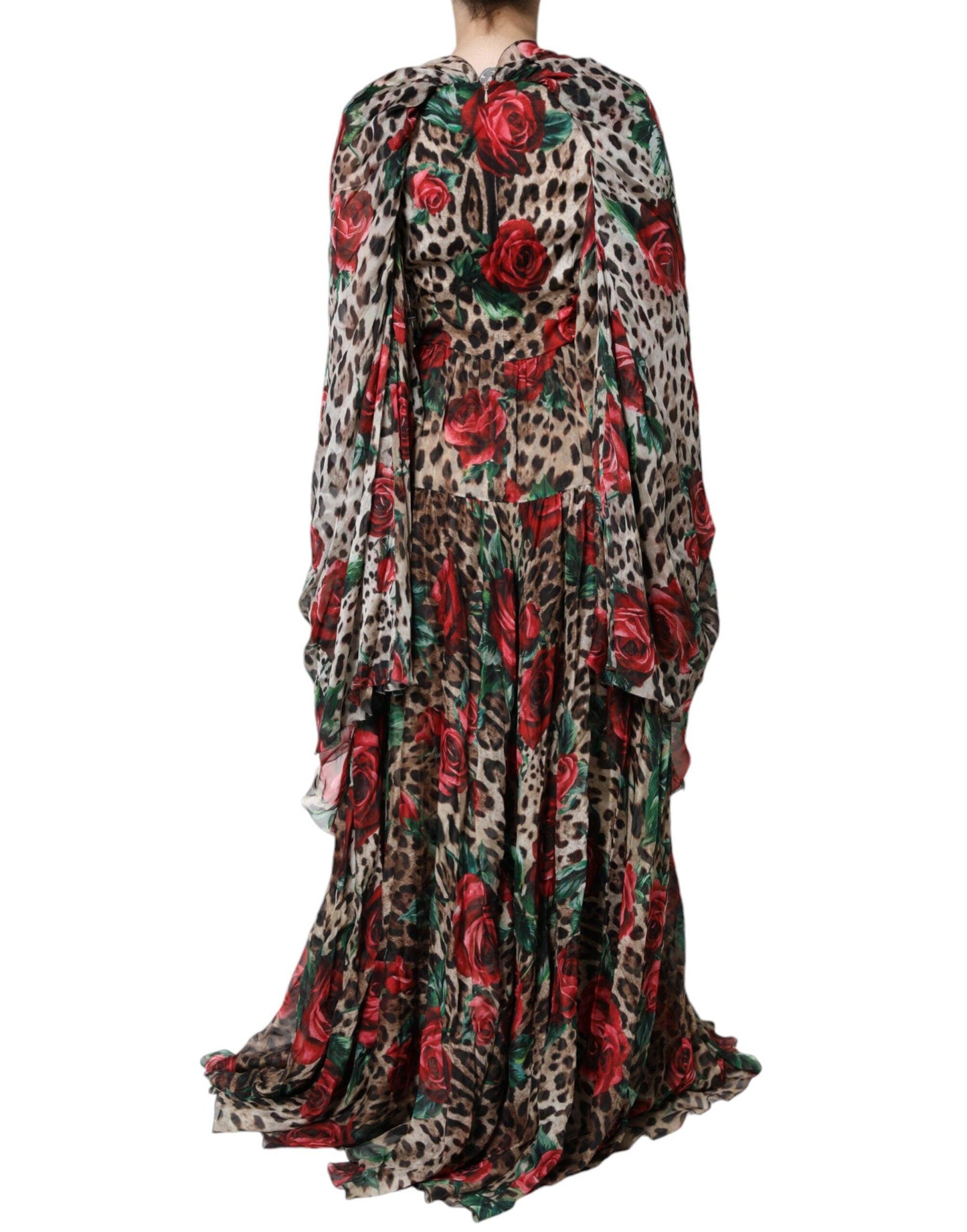 Dolce & Gabbana Brown Leopard Red Roses Silk Long Gown Dress - Arichezz.store