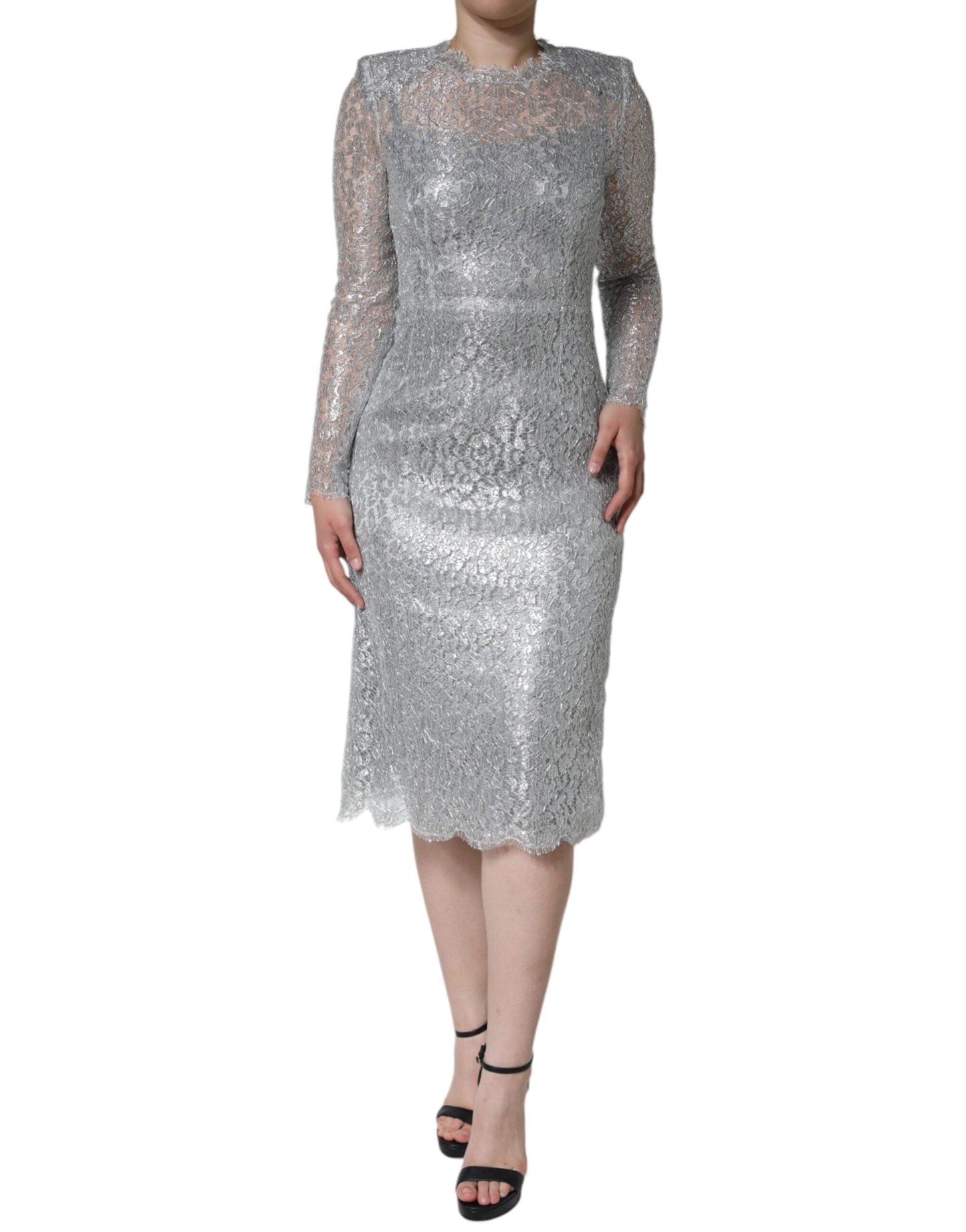 Dolce & Gabbana Silver Floral Lace Bodycon Sheath Midi Dress - Arichezz.store