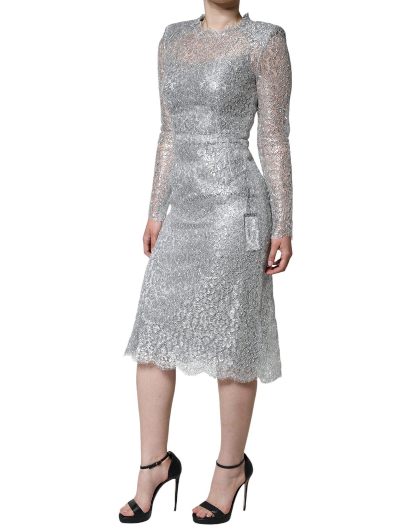 Dolce & Gabbana Silver Floral Lace Bodycon Sheath Midi Dress - Arichezz.store