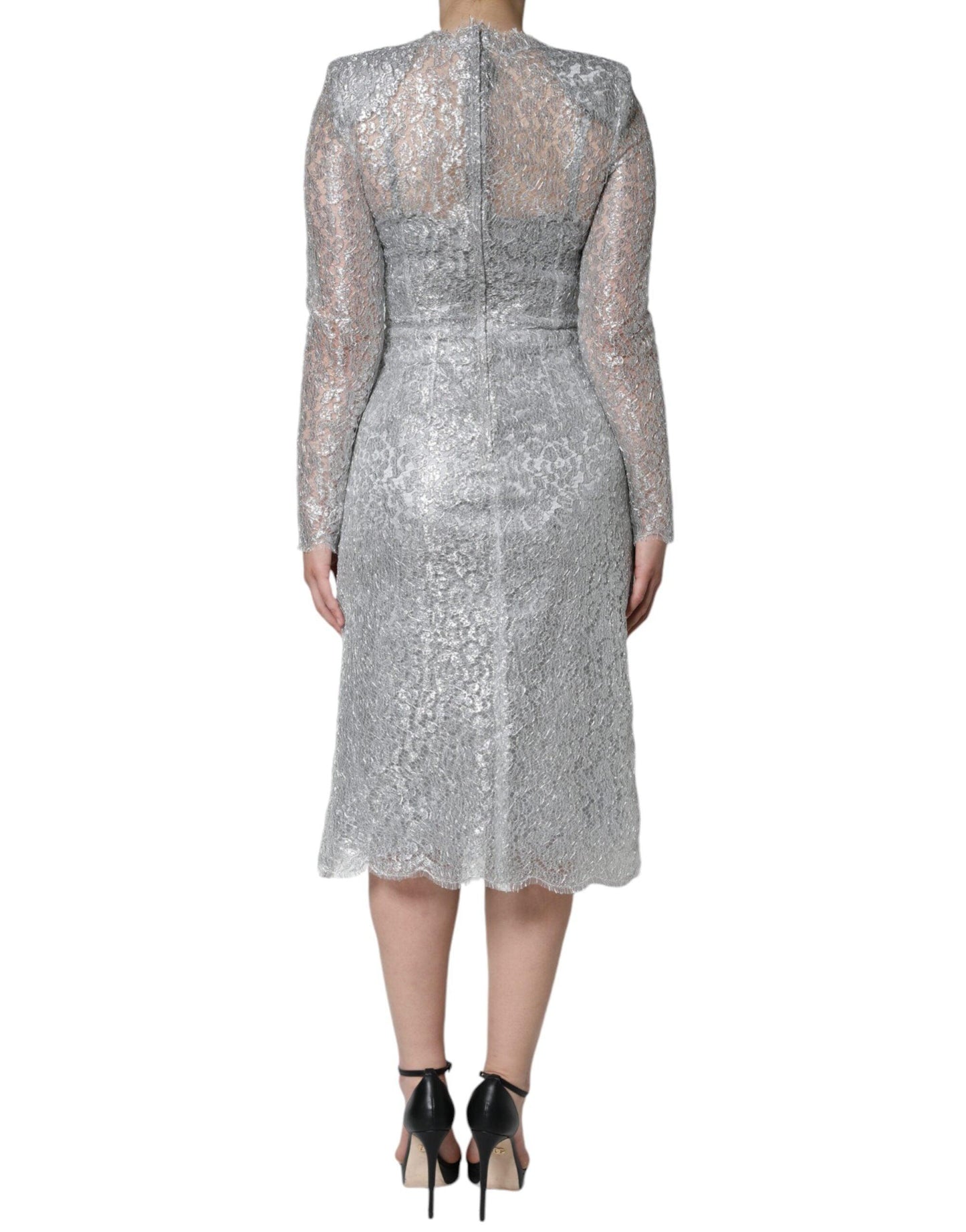 Dolce & Gabbana Silver Floral Lace Bodycon Sheath Midi Dress - Arichezz.store