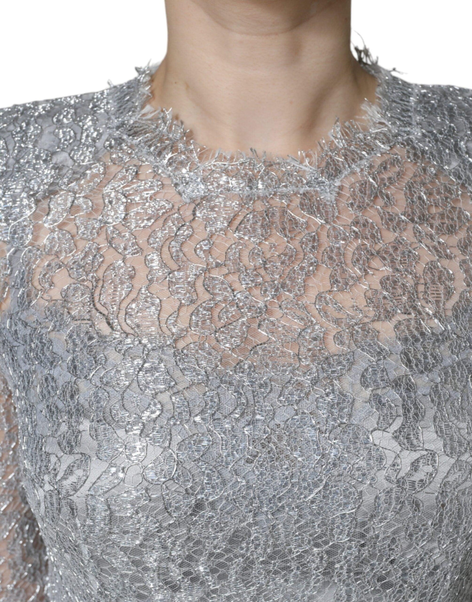 Dolce & Gabbana Silver Floral Lace Bodycon Sheath Midi Dress - Arichezz.store