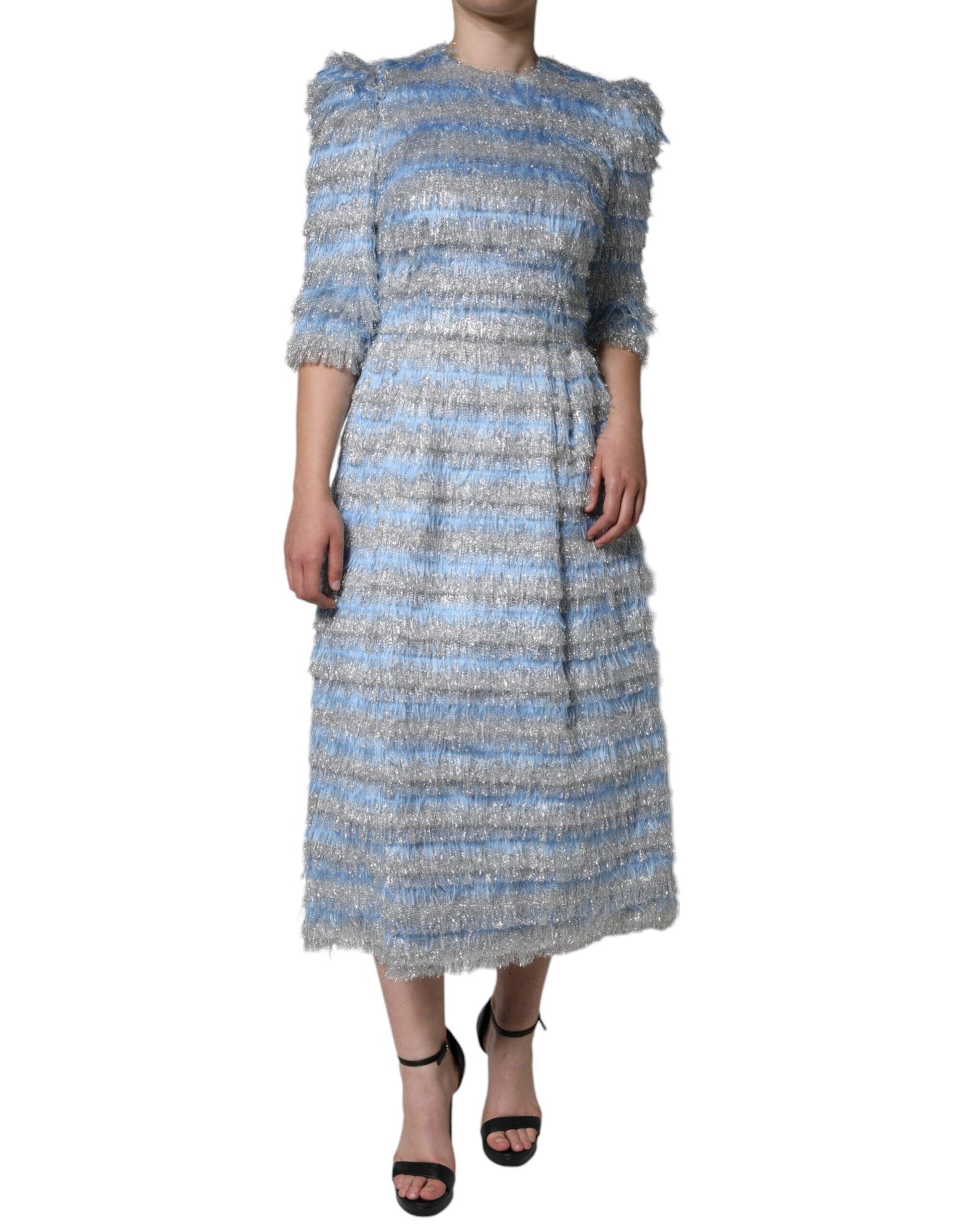 Dolce & Gabbana Light Blue Silver Jacquard A-line Midi Dress - Arichezz.store