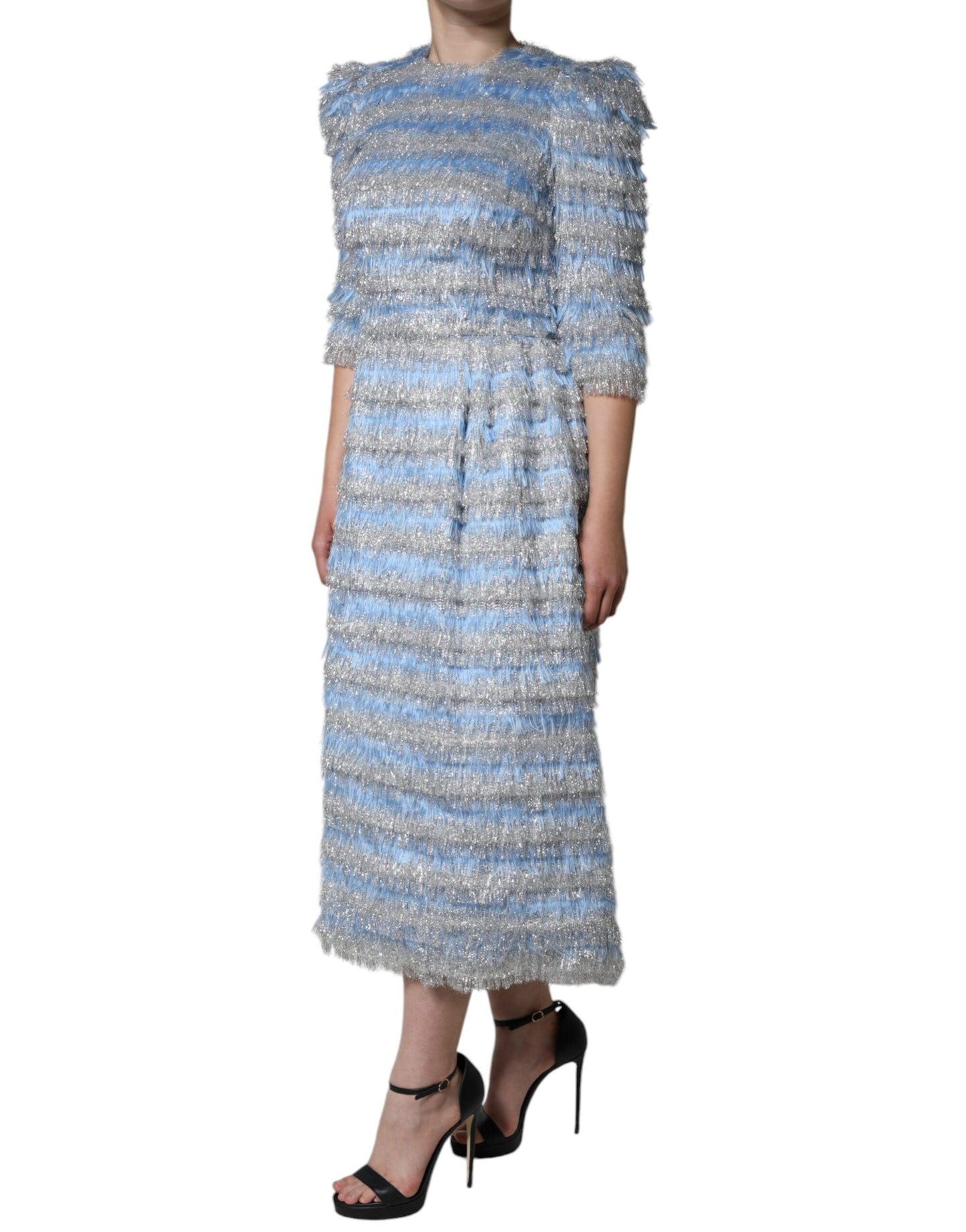 Dolce & Gabbana Light Blue Silver Jacquard A-line Midi Dress - Arichezz.store