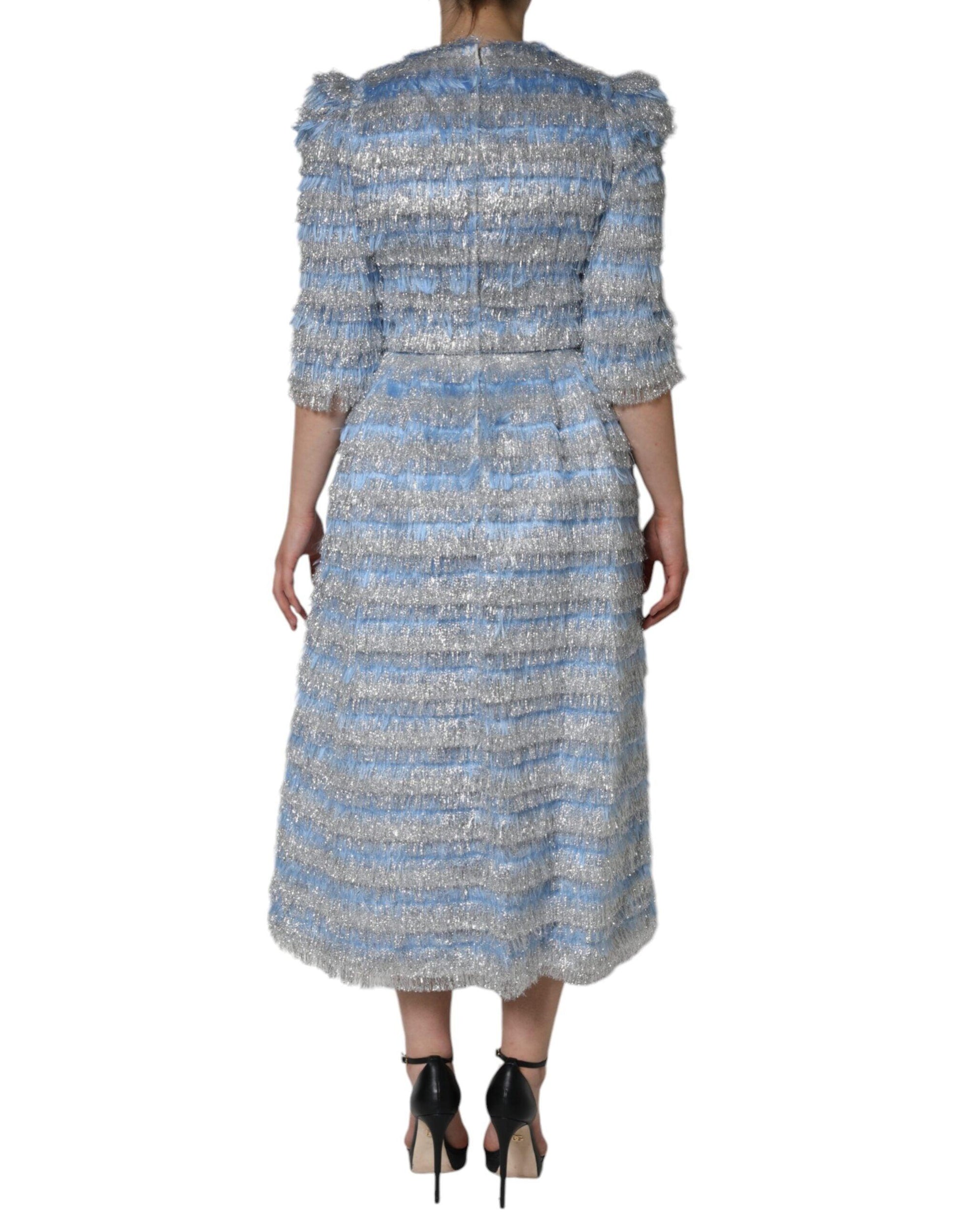 Dolce & Gabbana Light Blue Silver Jacquard A-line Midi Dress - Arichezz.store