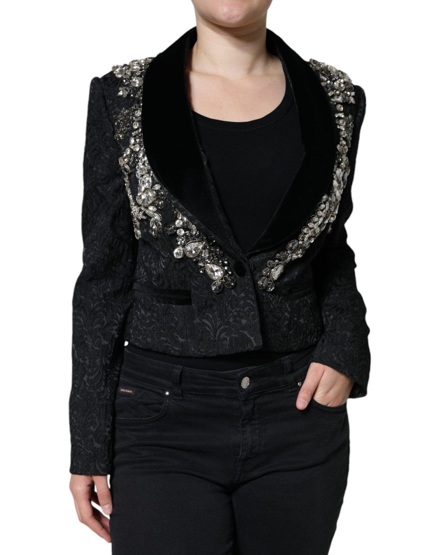 Dolce & Gabbana Black Jacquard Crystal Floral Blazer - Arichezz.store