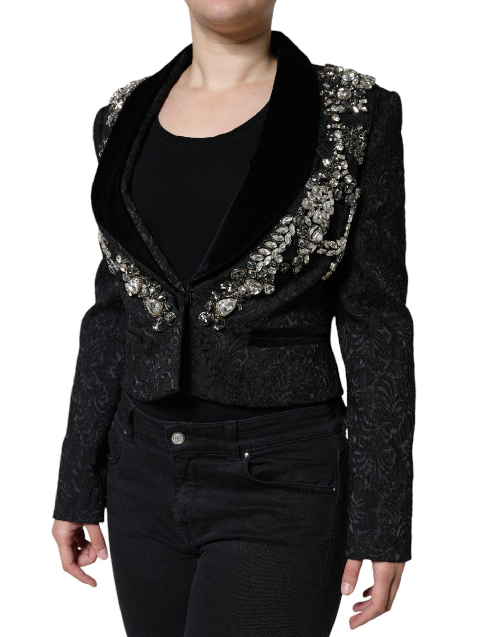 Dolce & Gabbana Black Jacquard Crystal Floral Blazer - Arichezz.store