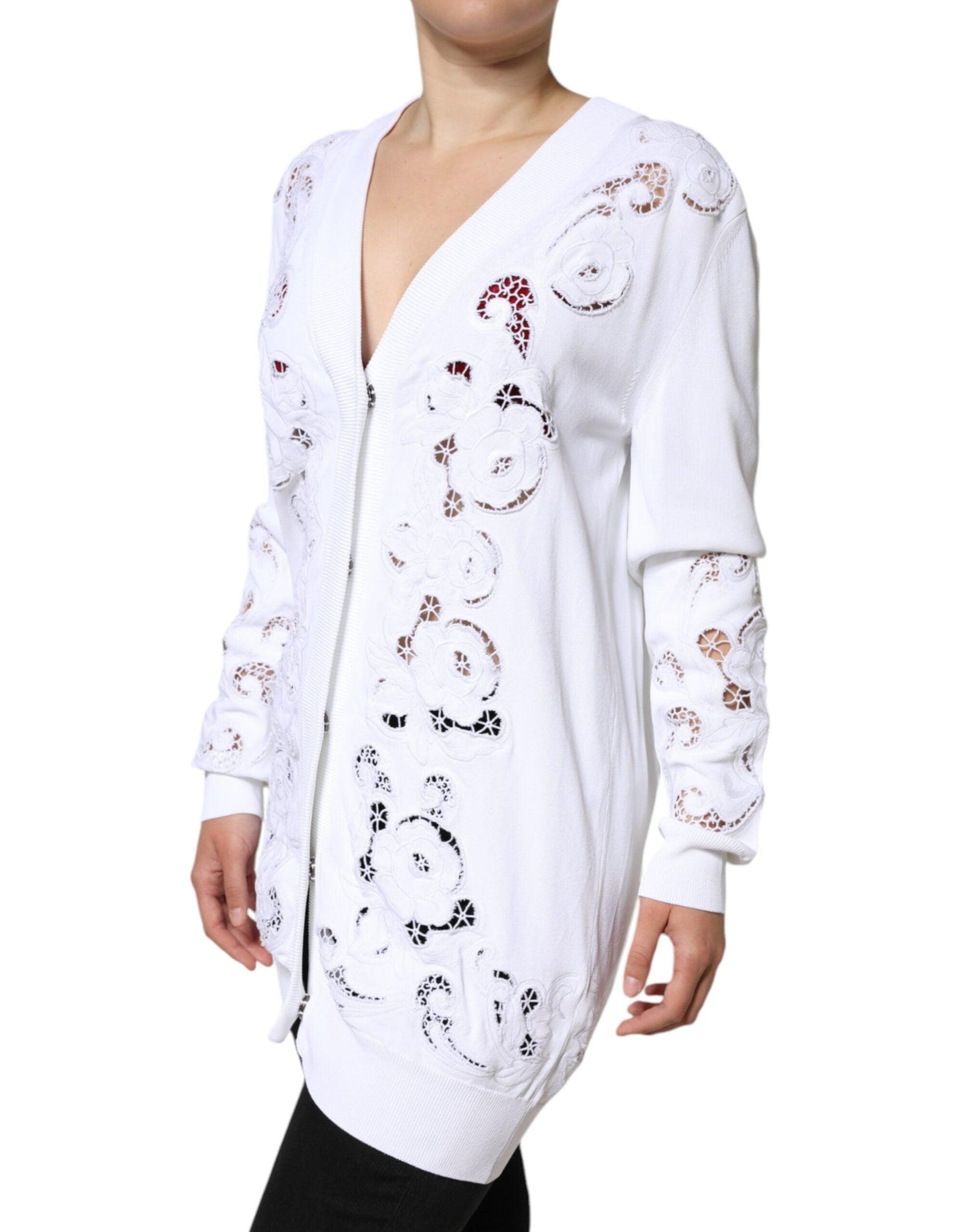 Dolce & Gabbana White Viscose Floral Cut Out Cardigan Sweater - Arichezz.store