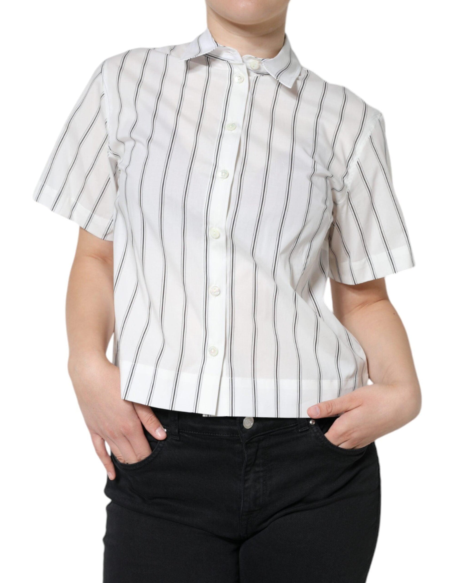 Dolce & Gabbana White Striped Collared Short Sleeve Polo Top - Arichezz.store