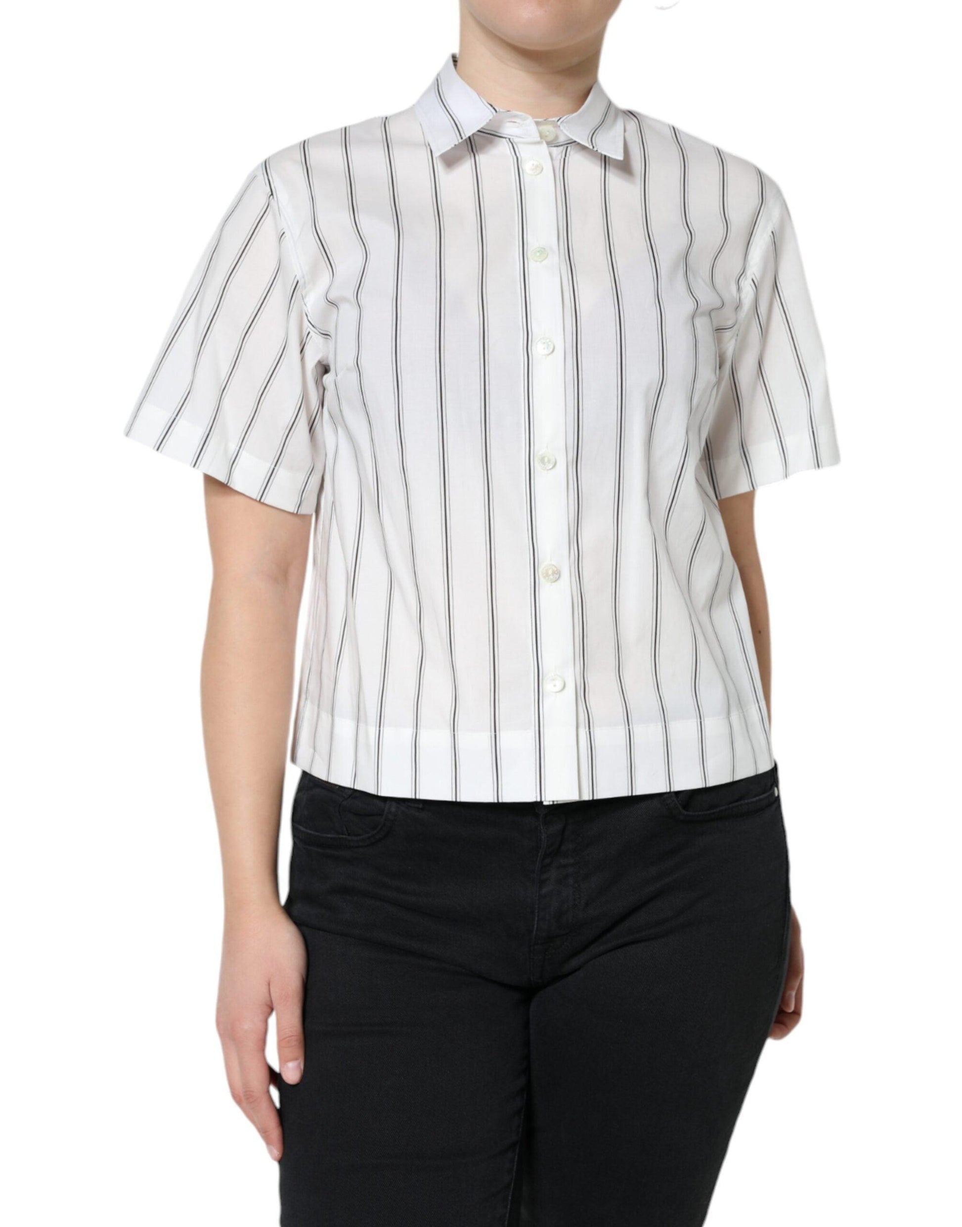 Dolce & Gabbana White Striped Collared Short Sleeve Polo Top - Arichezz.store