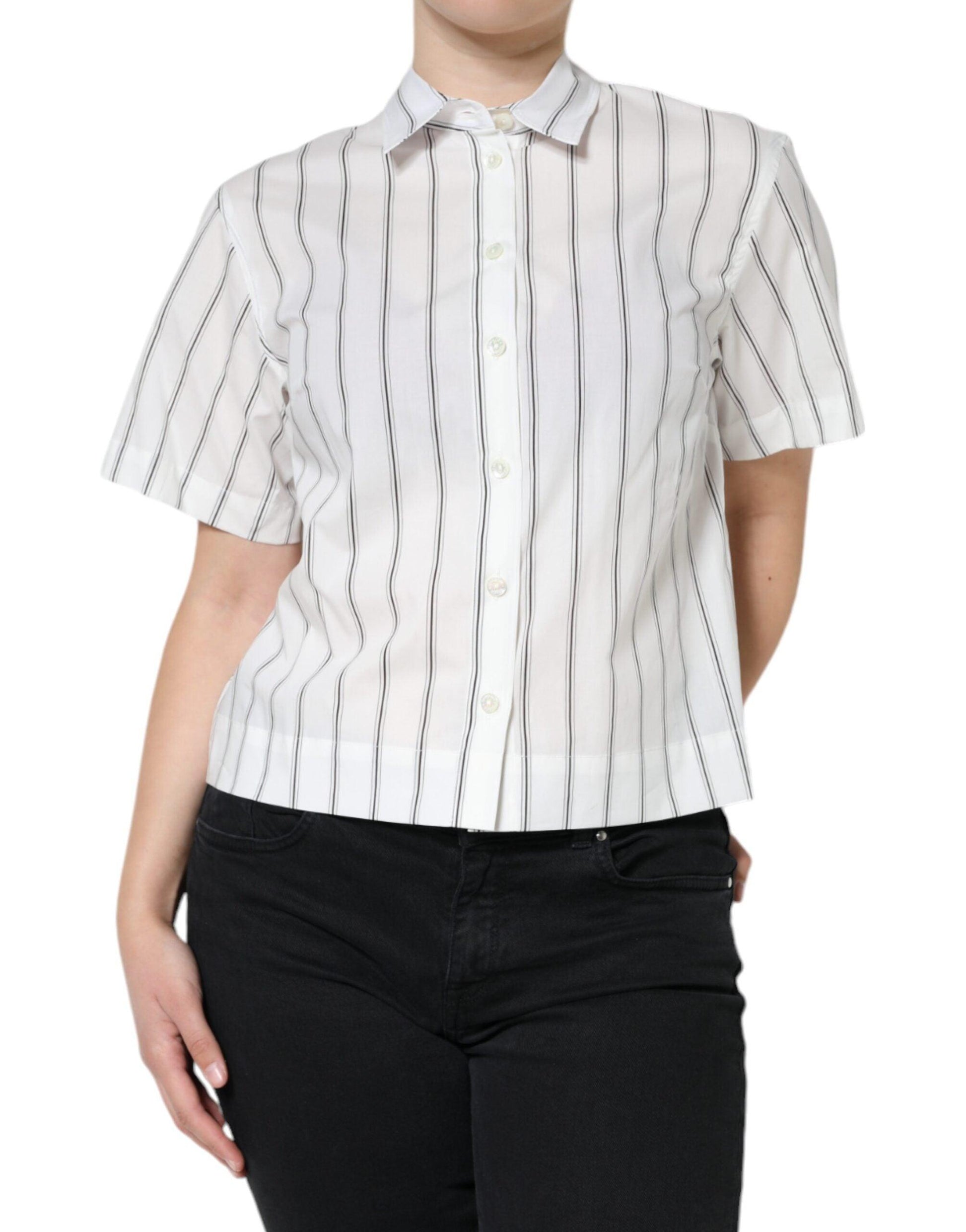 Dolce & Gabbana White Striped Collared Short Sleeve Polo Top - Arichezz.store