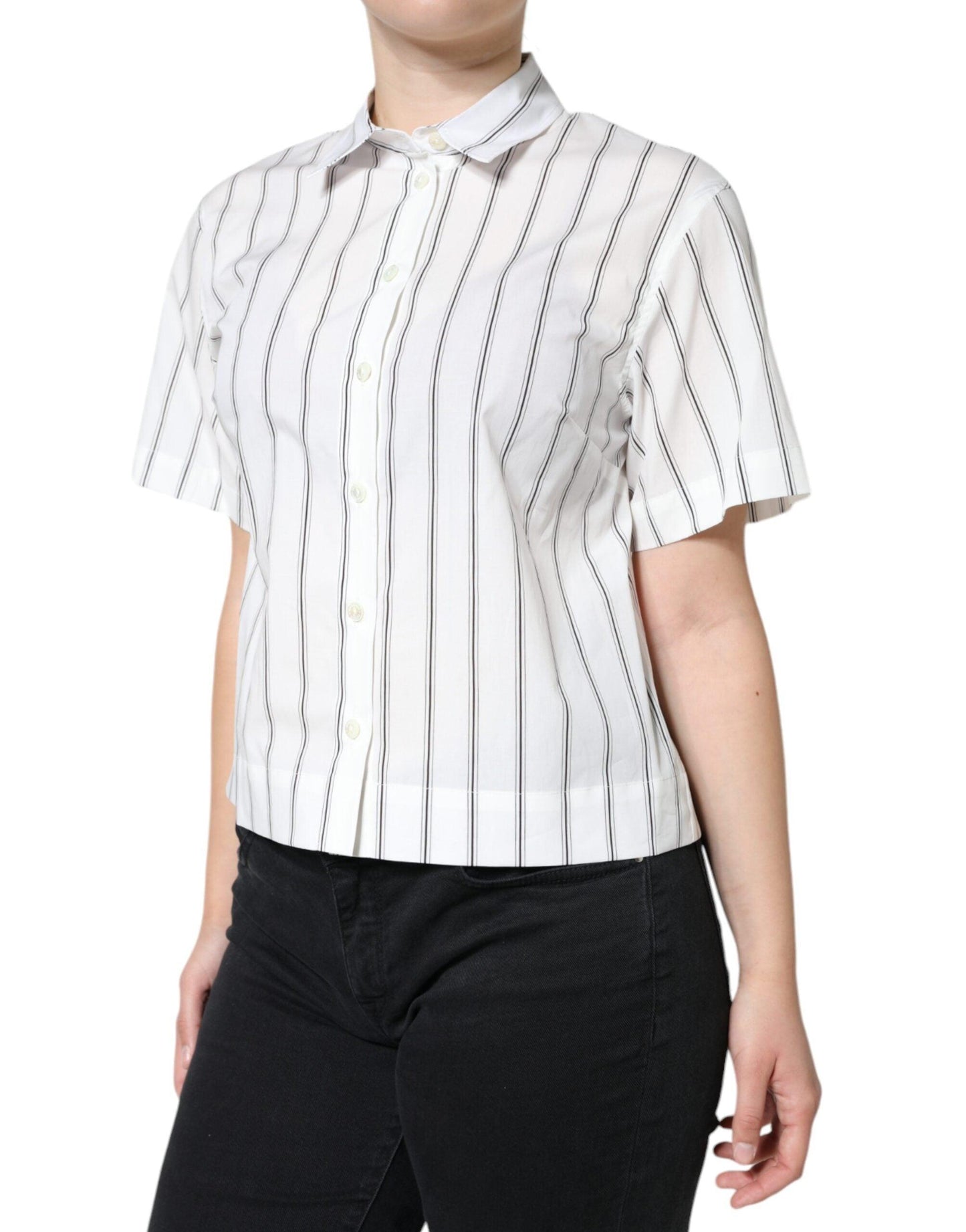 Dolce & Gabbana White Striped Collared Short Sleeve Polo Top - Arichezz.store