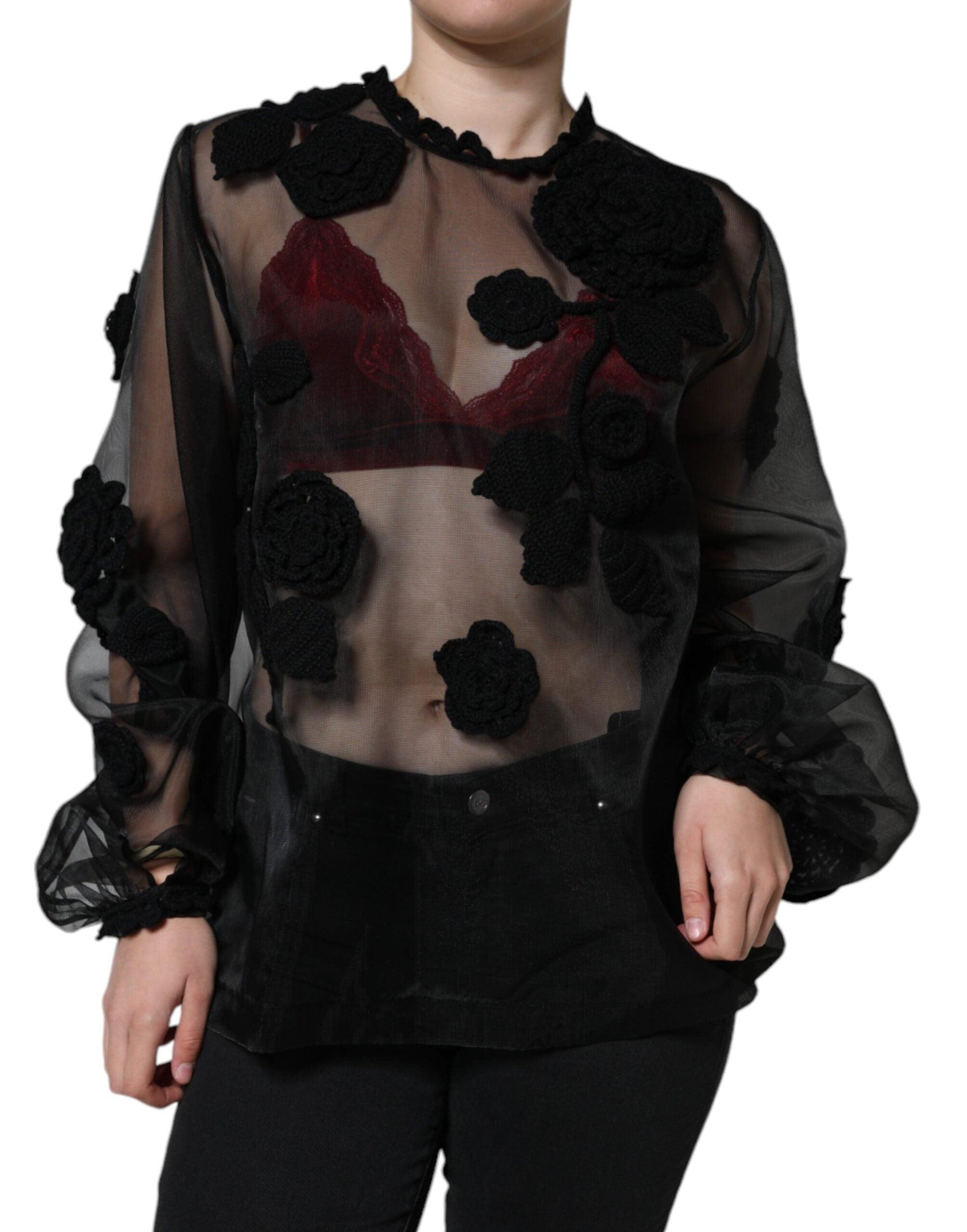 Dolce & Gabbana Black Nylon Mesh Transparent Floral Blouse - Arichezz.store