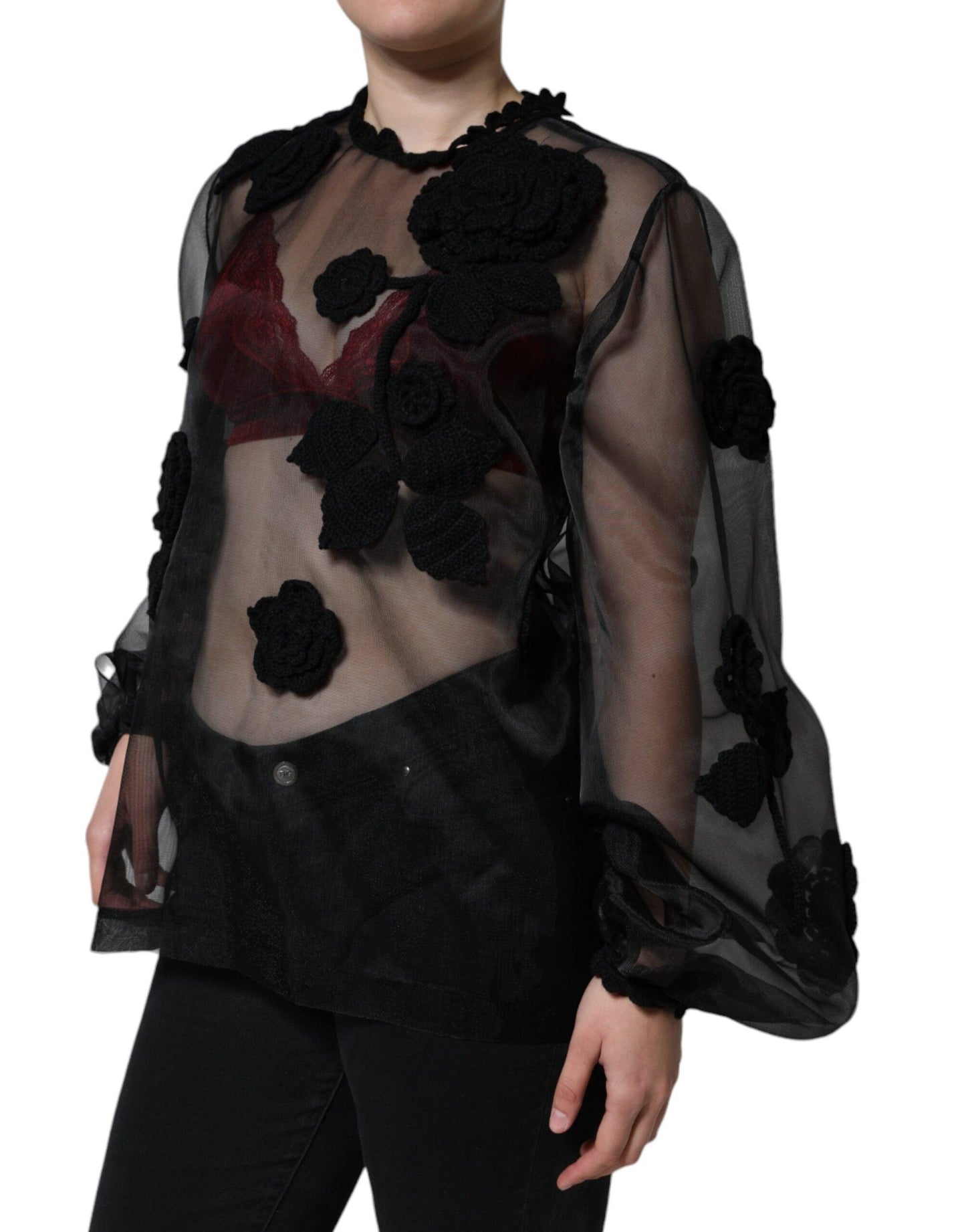 Dolce & Gabbana Black Nylon Mesh Transparent Floral Blouse - Arichezz.store