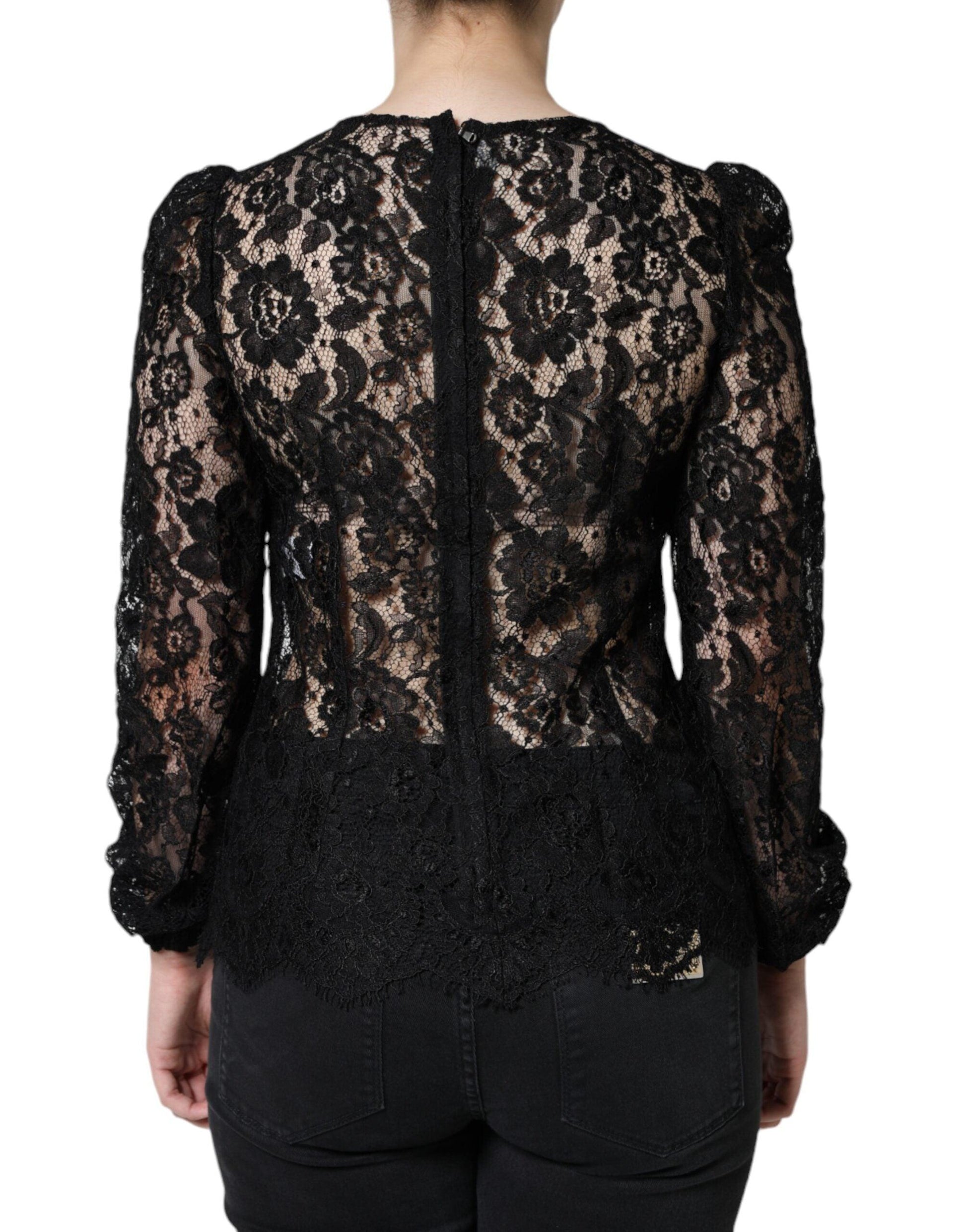 Dolce & Gabbana Black Floral Lace See Through Long Sleeve Top - Arichezz.store