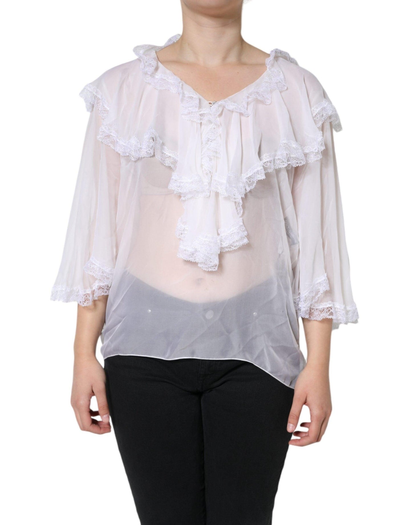 Dolce & Gabbana White Ruffles Lace Long Sleeve Blouse Top - Arichezz.store