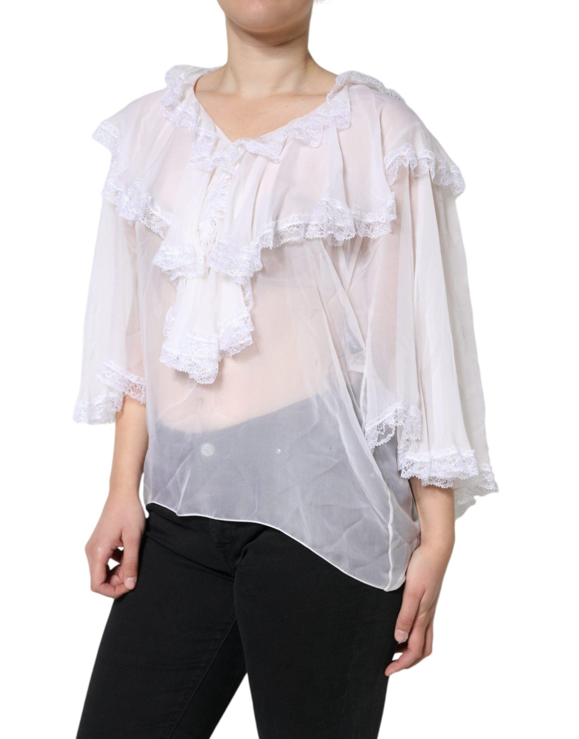 Dolce & Gabbana White Ruffles Lace Long Sleeve Blouse Top - Arichezz.store