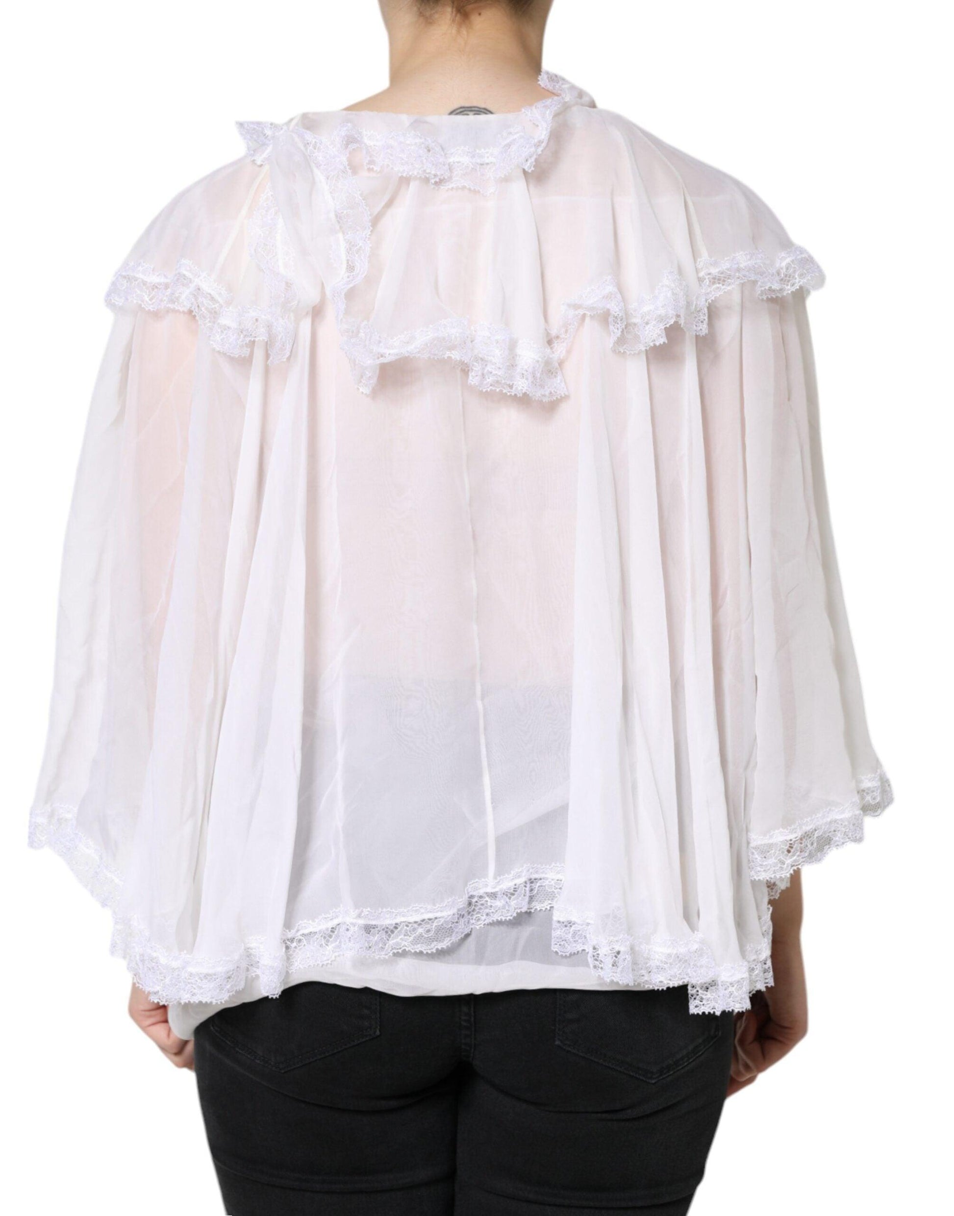 Dolce & Gabbana White Ruffles Lace Long Sleeve Blouse Top - Arichezz.store