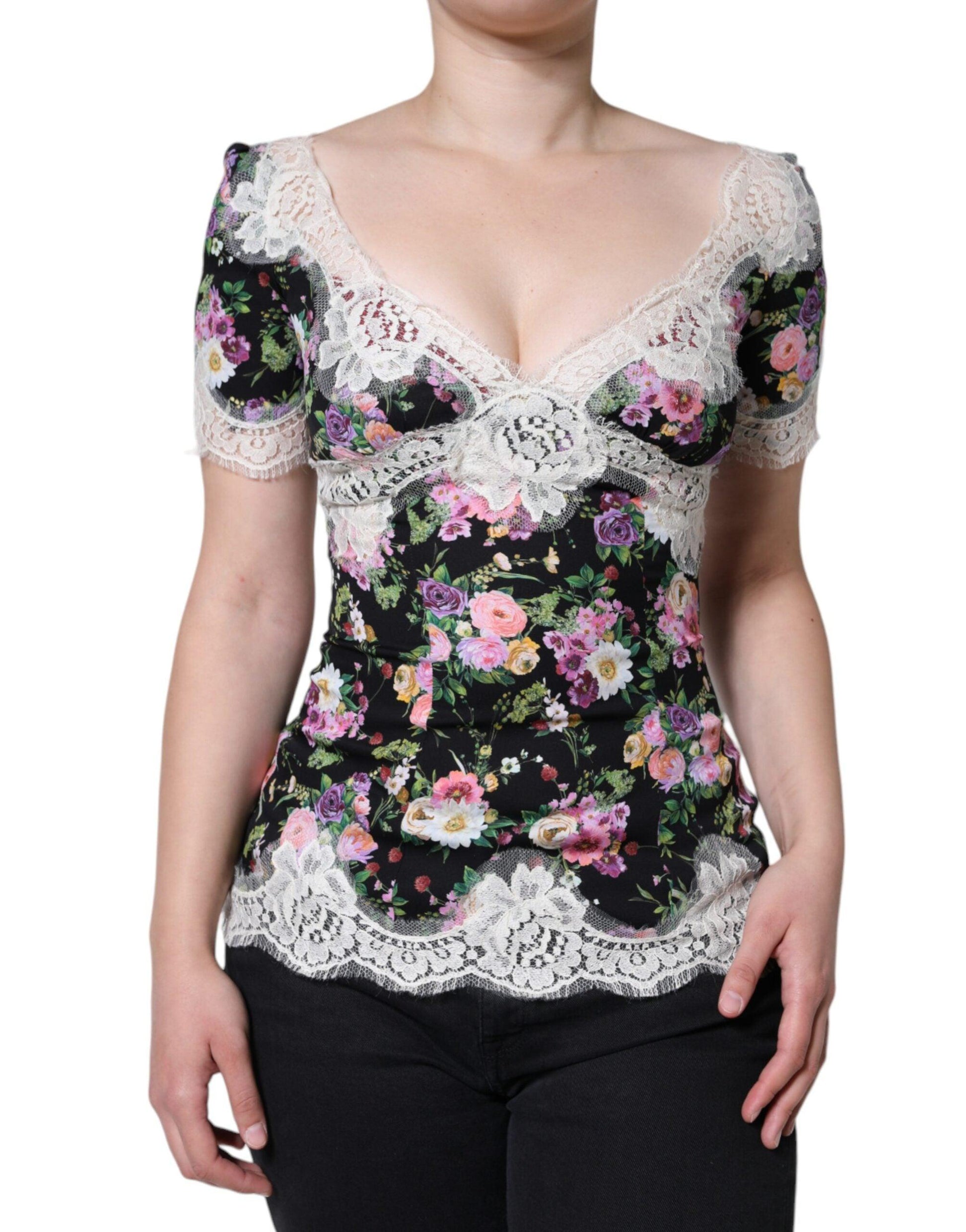 Dolce & Gabbana Black Floral Lace Short Sleeves Blouse Top - Arichezz.store