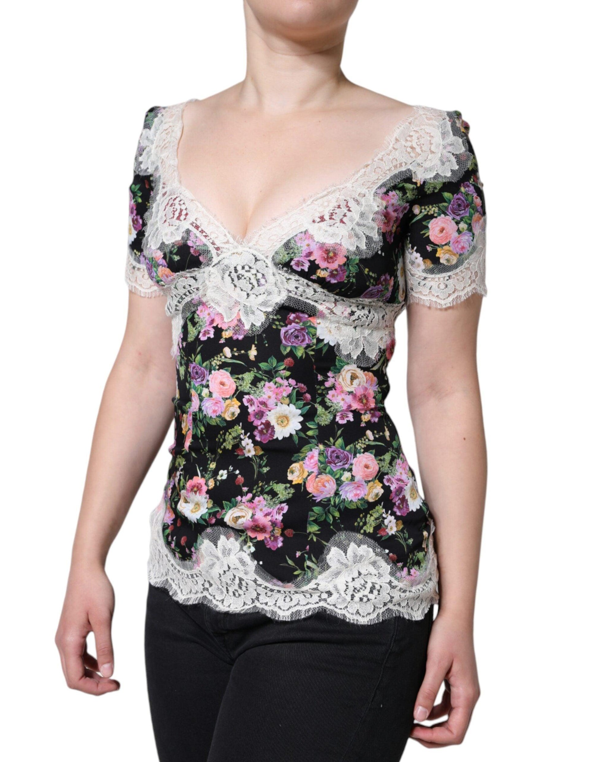 Dolce & Gabbana Black Floral Lace Short Sleeves Blouse Top - Arichezz.store