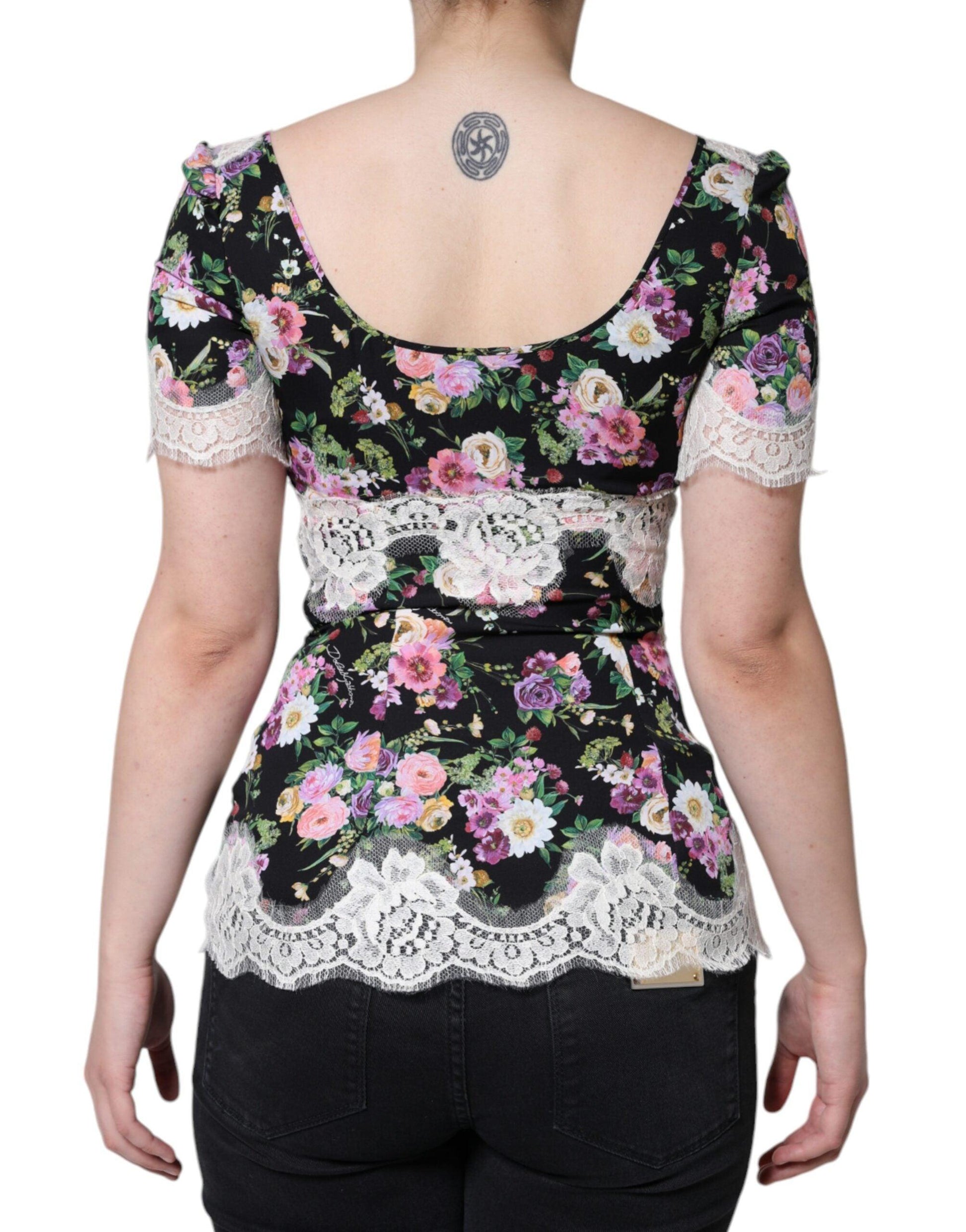 Dolce & Gabbana Black Floral Lace Short Sleeves Blouse Top - Arichezz.store