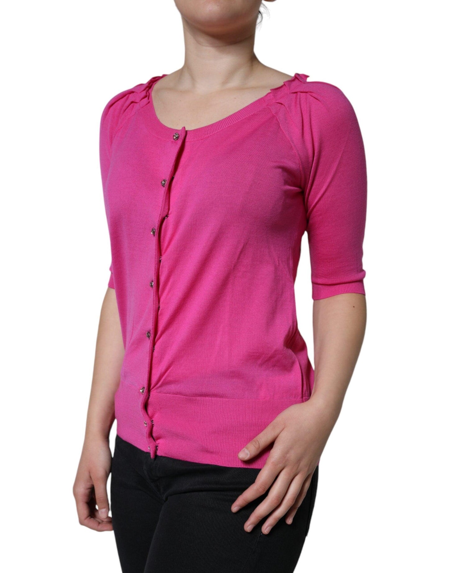 Dolce & Gabbana Pink Wool Button Down Short Sleeve Blouse Top - Arichezz.store