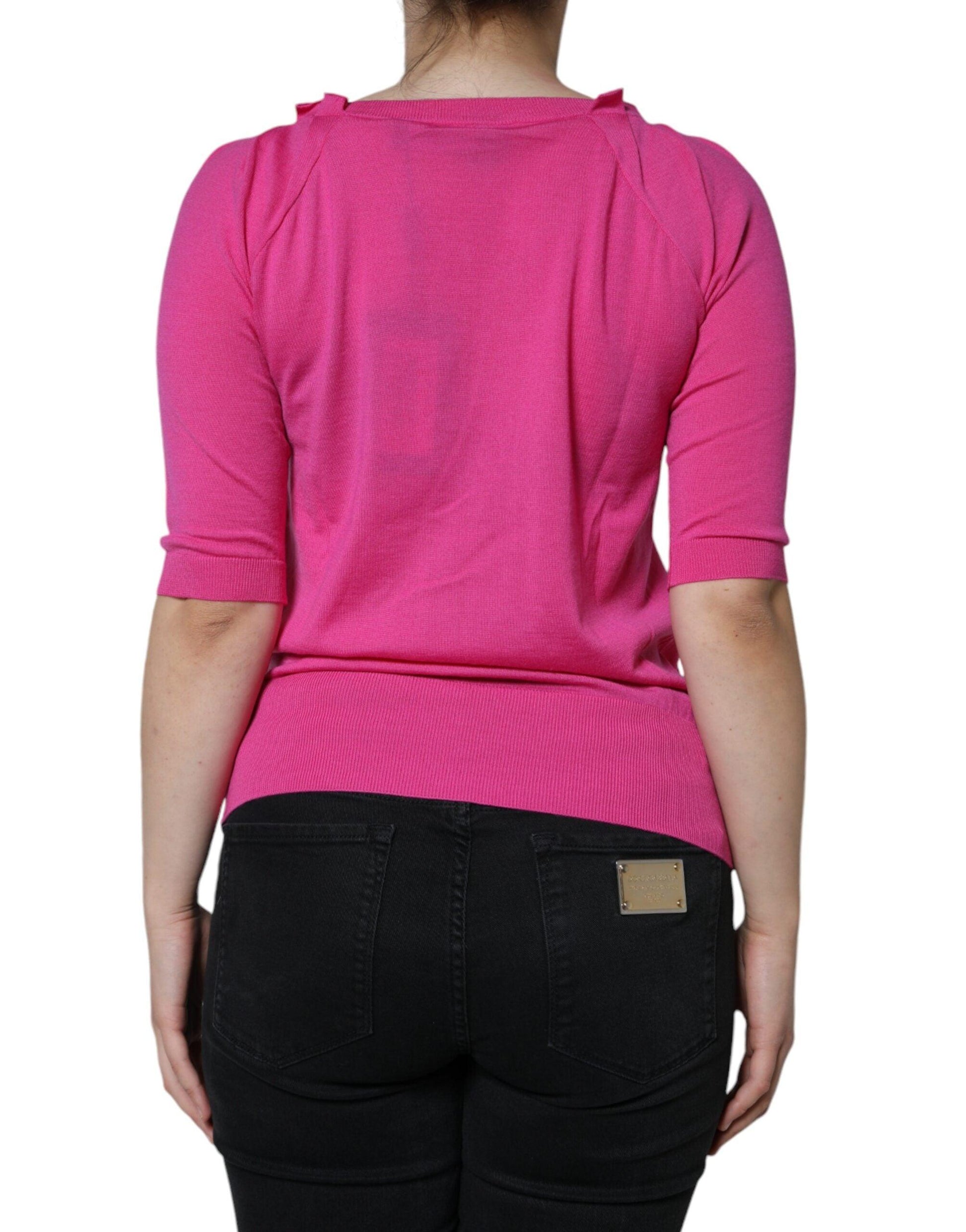 Dolce & Gabbana Pink Wool Button Down Short Sleeve Blouse Top - Arichezz.store