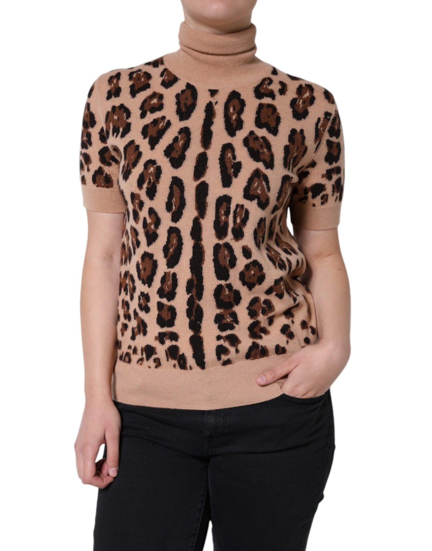 Dolce & Gabbana Beige Leopard Print Wool Turtleneck Top - Arichezz.store