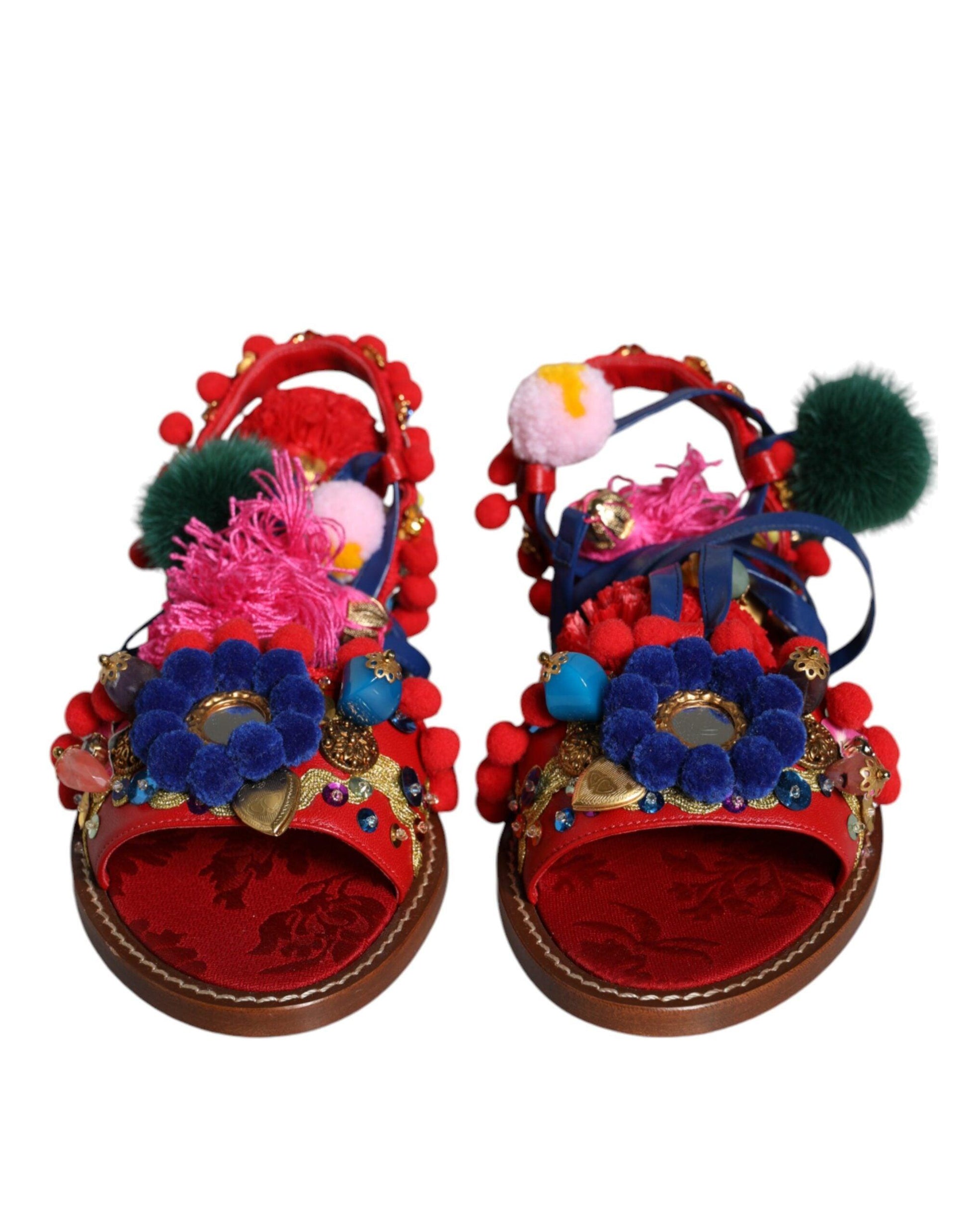 Dolce & Gabbana Multicolor Pom Pom Fur Wrap Sandals Shoes - Arichezz.store