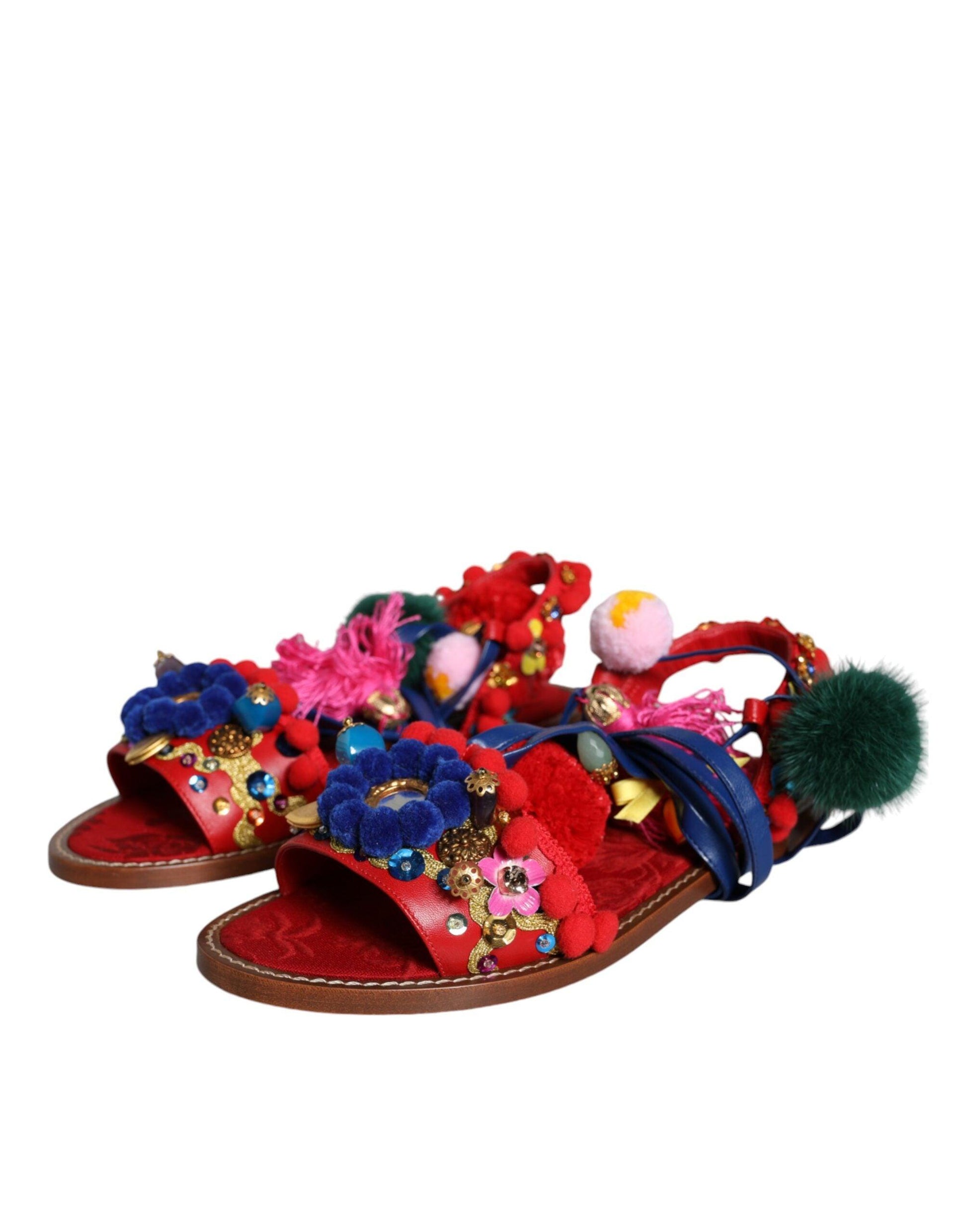 Dolce & Gabbana Multicolor Pom Pom Fur Wrap Sandals Shoes - Arichezz.store