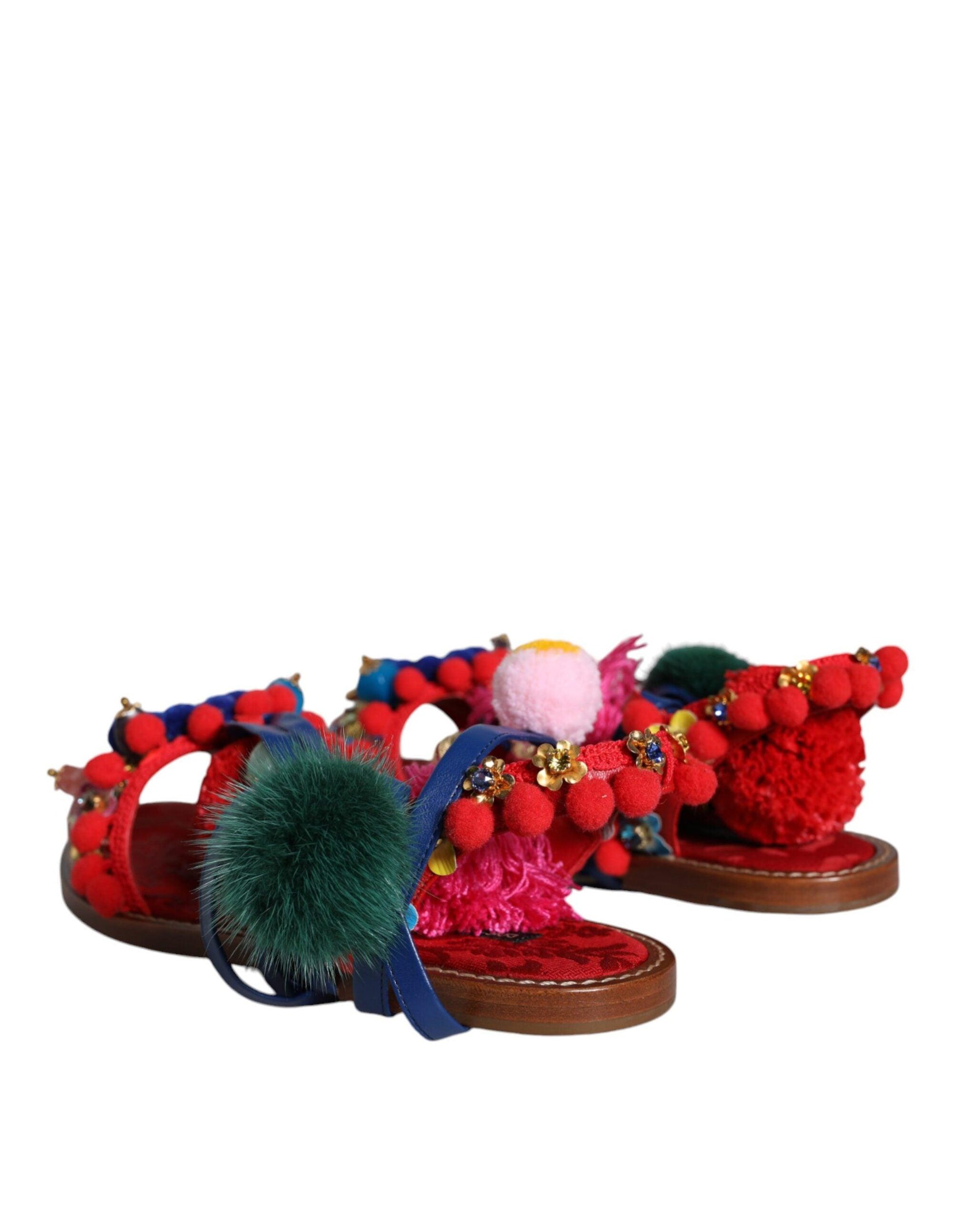 Dolce & Gabbana Multicolor Pom Pom Fur Wrap Sandals Shoes - Arichezz.store