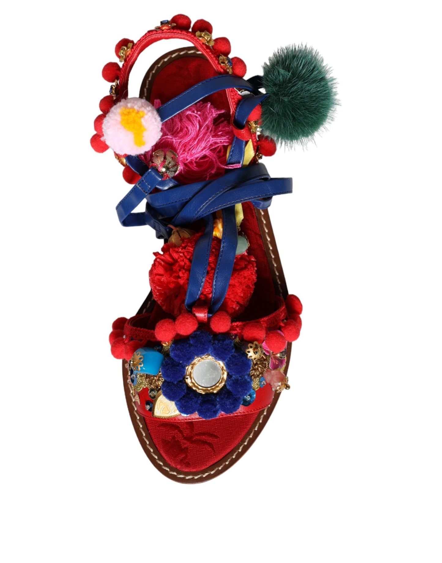 Dolce & Gabbana Multicolor Pom Pom Fur Wrap Sandals Shoes - Arichezz.store