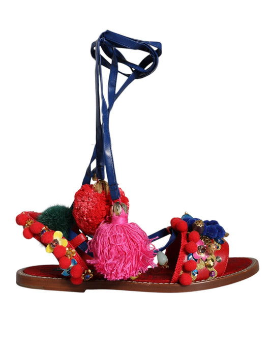 Dolce & Gabbana Multicolor Pom Pom Fur Wrap Sandals Shoes - Arichezz.store