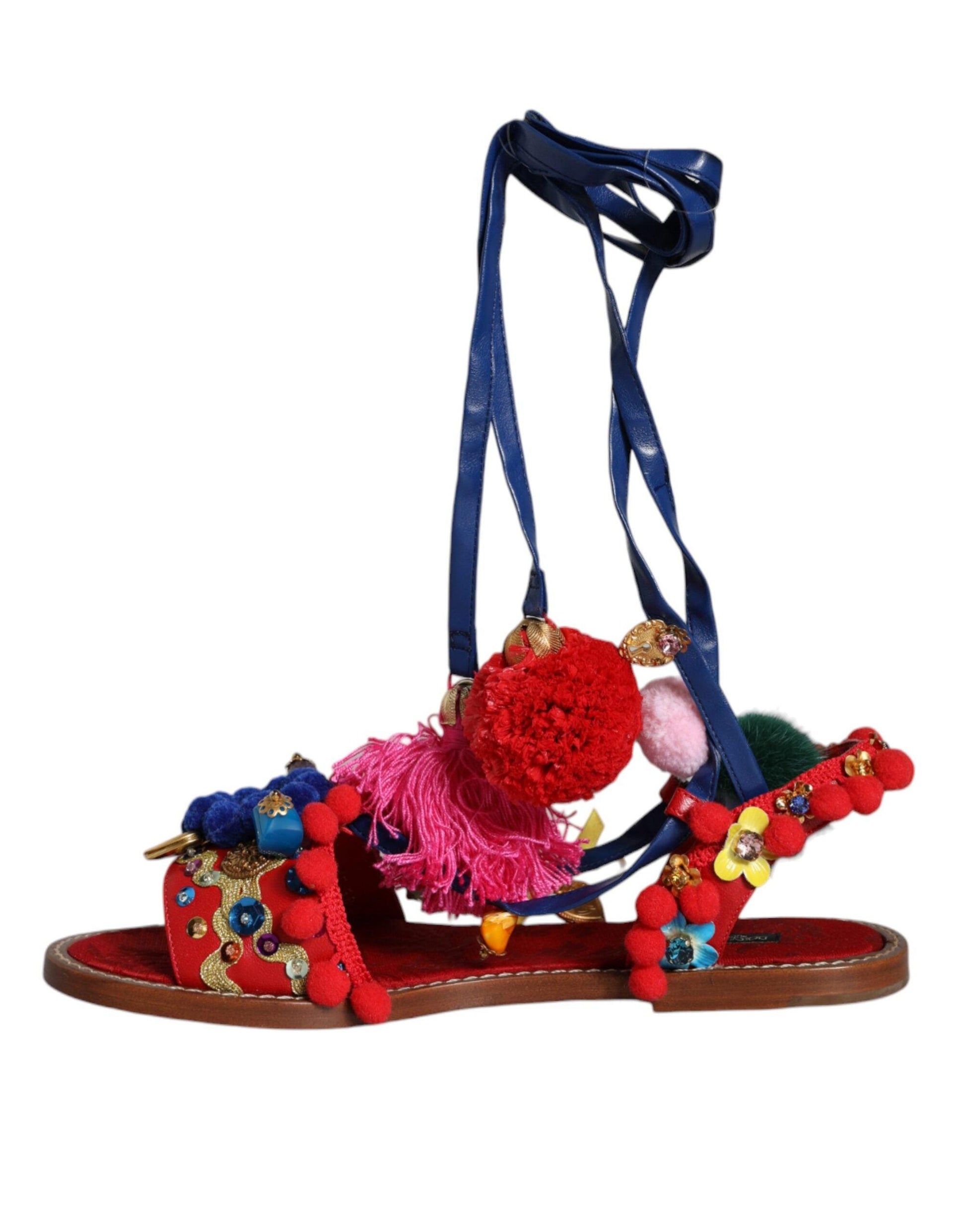 Dolce & Gabbana Multicolor Pom Pom Fur Wrap Sandals Shoes - Arichezz.store