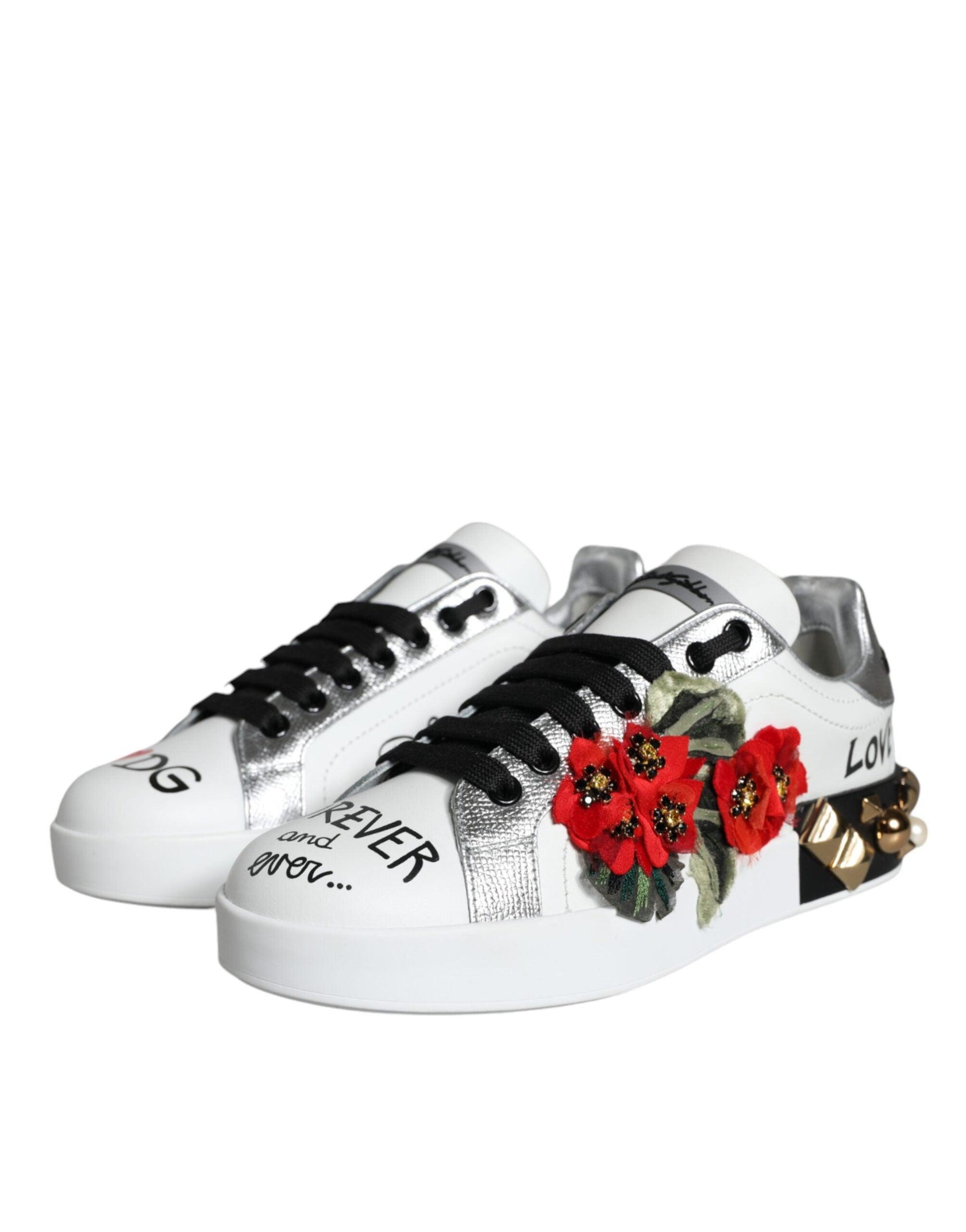 Dolce & Gabbana White Leather Floral Studded Sneakers Shoes - Arichezz.store