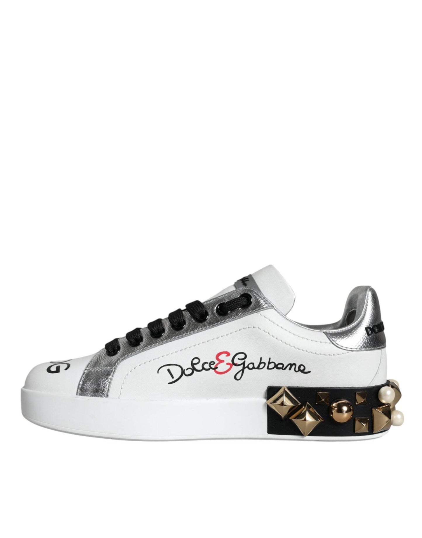 Dolce & Gabbana White Leather Floral Studded Sneakers Shoes - Arichezz.store