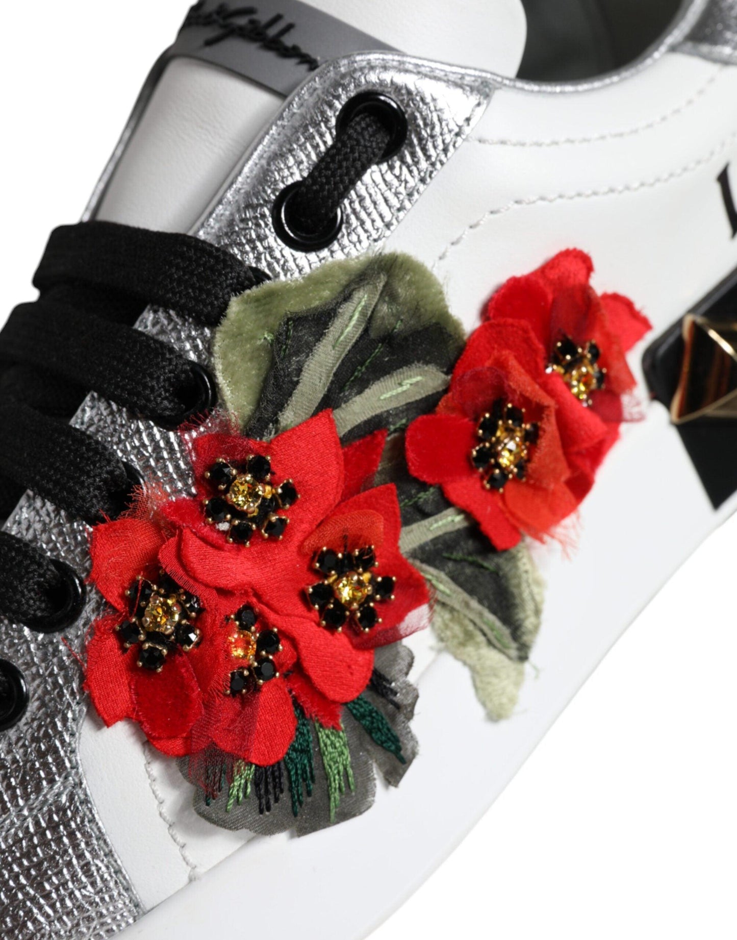 Dolce & Gabbana White Leather Floral Studded Sneakers Shoes - Arichezz.store