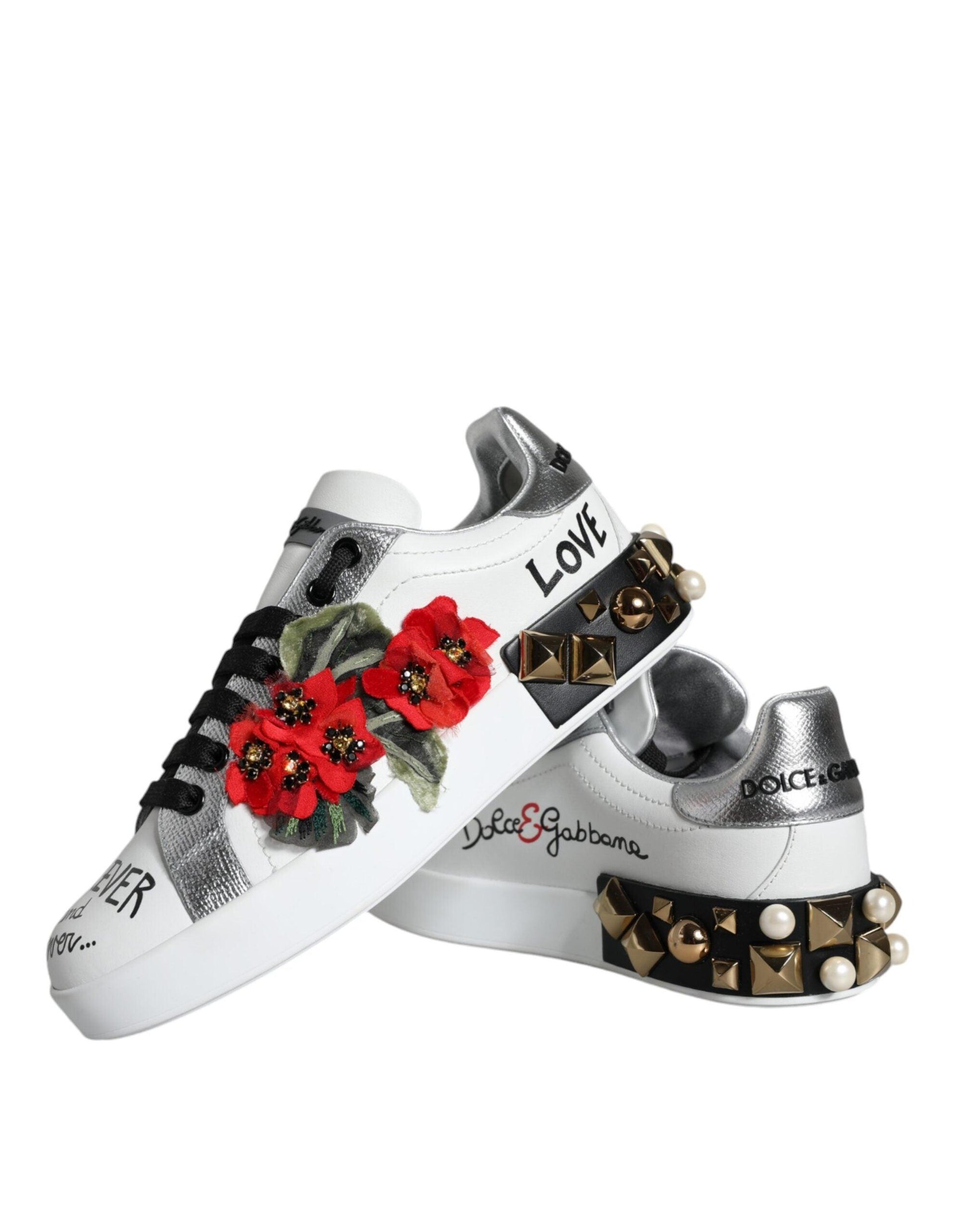 Dolce & Gabbana White Leather Floral Studded Sneakers Shoes - Arichezz.store