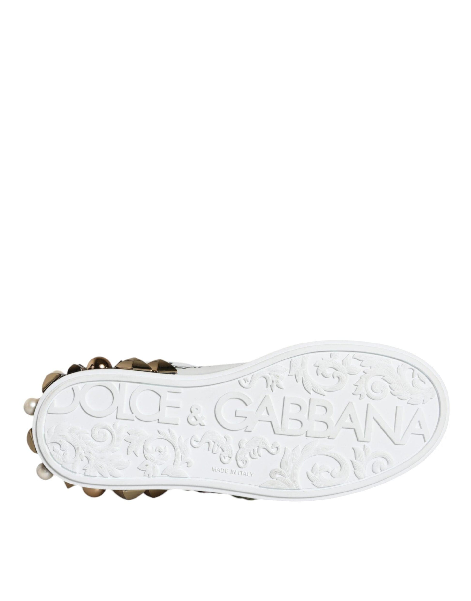 Dolce & Gabbana White Leather Floral Studded Sneakers Shoes - Arichezz.store